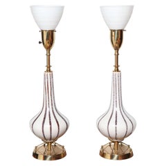 Retro Pair Vontury for Rembrandt Lamp Hand Painted White Ceramic & Brass Table Lamps