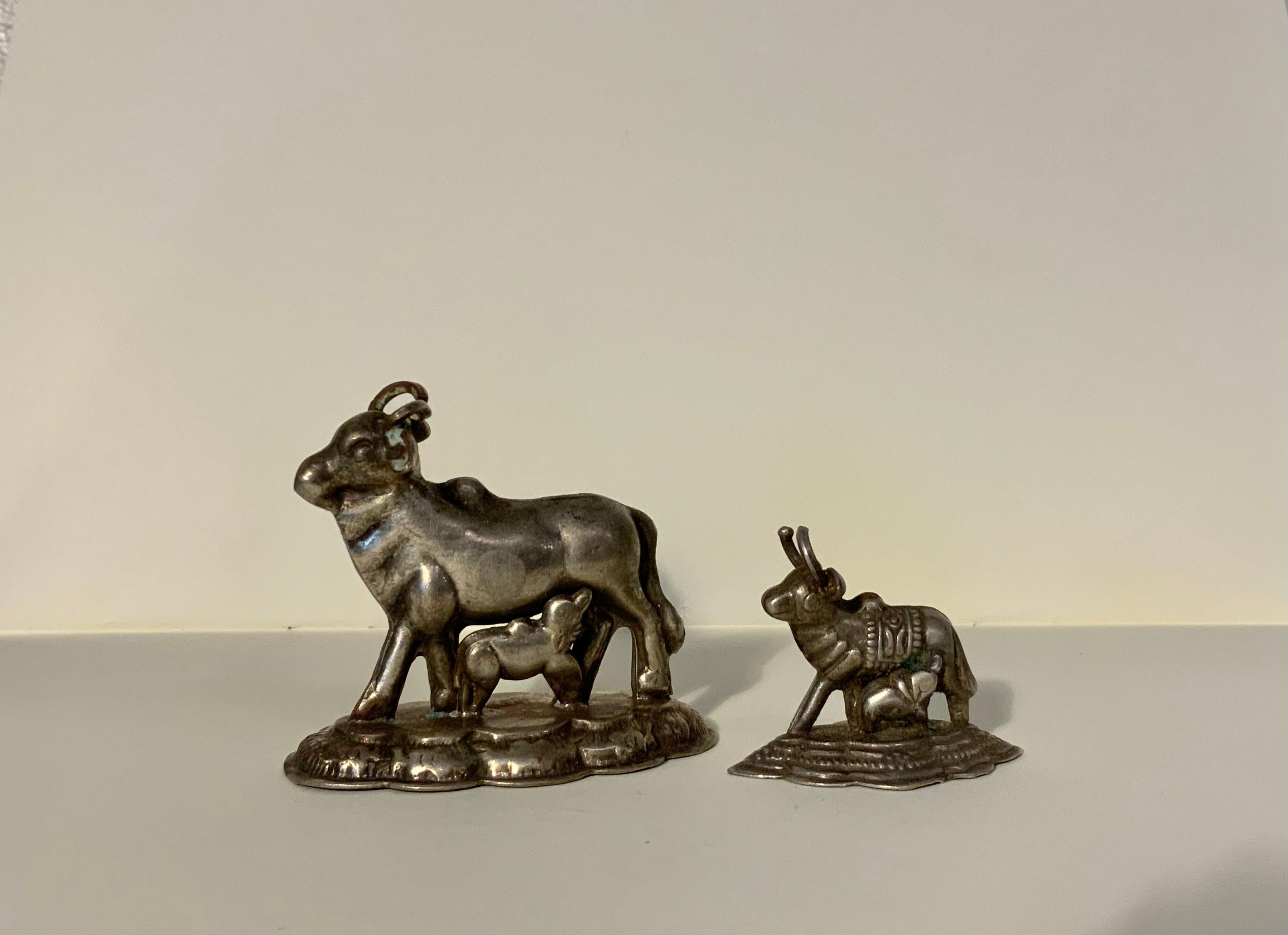 Coppia di figure votive di mucca in argento - Rajasthan, XIX-inizio XX secolo
Provenienza: Rajasthan, India
Data: XIX-inizio XX secolo
Materiale: Argento massiccio

Questa rara coppia di mucche votive in argento proviene da Rever, dove queste