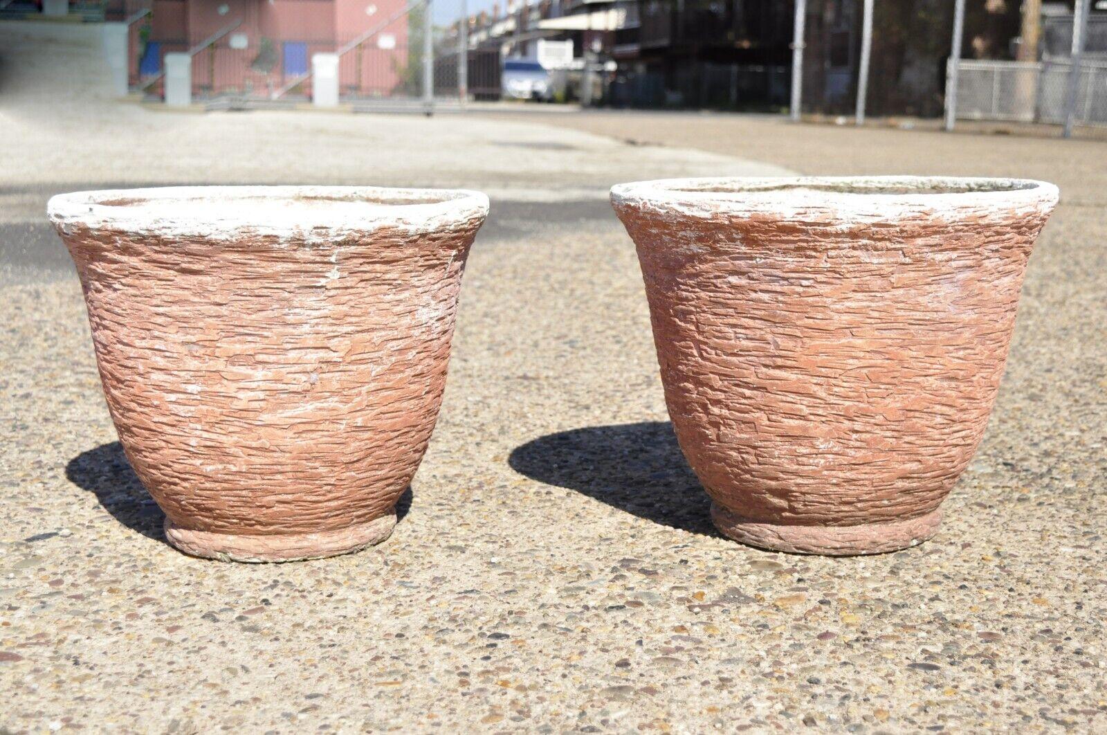 Vintage Red Distressed Painted Fiberglass Round Garden Planter Pots Faux Stone - a Pair. Item features faux terracotta stone form, woven and cast fiberglass construction, distressed painted finish, very nice vintage pair, great style and form. Circa