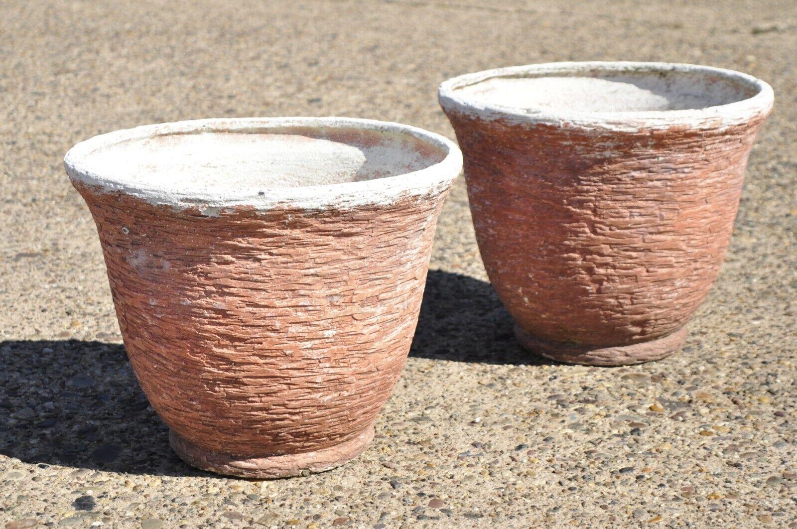 Pair of Vtg Red Distress Painted Fiberglass Round Garden Planter Pots Faux Stone For Sale 1