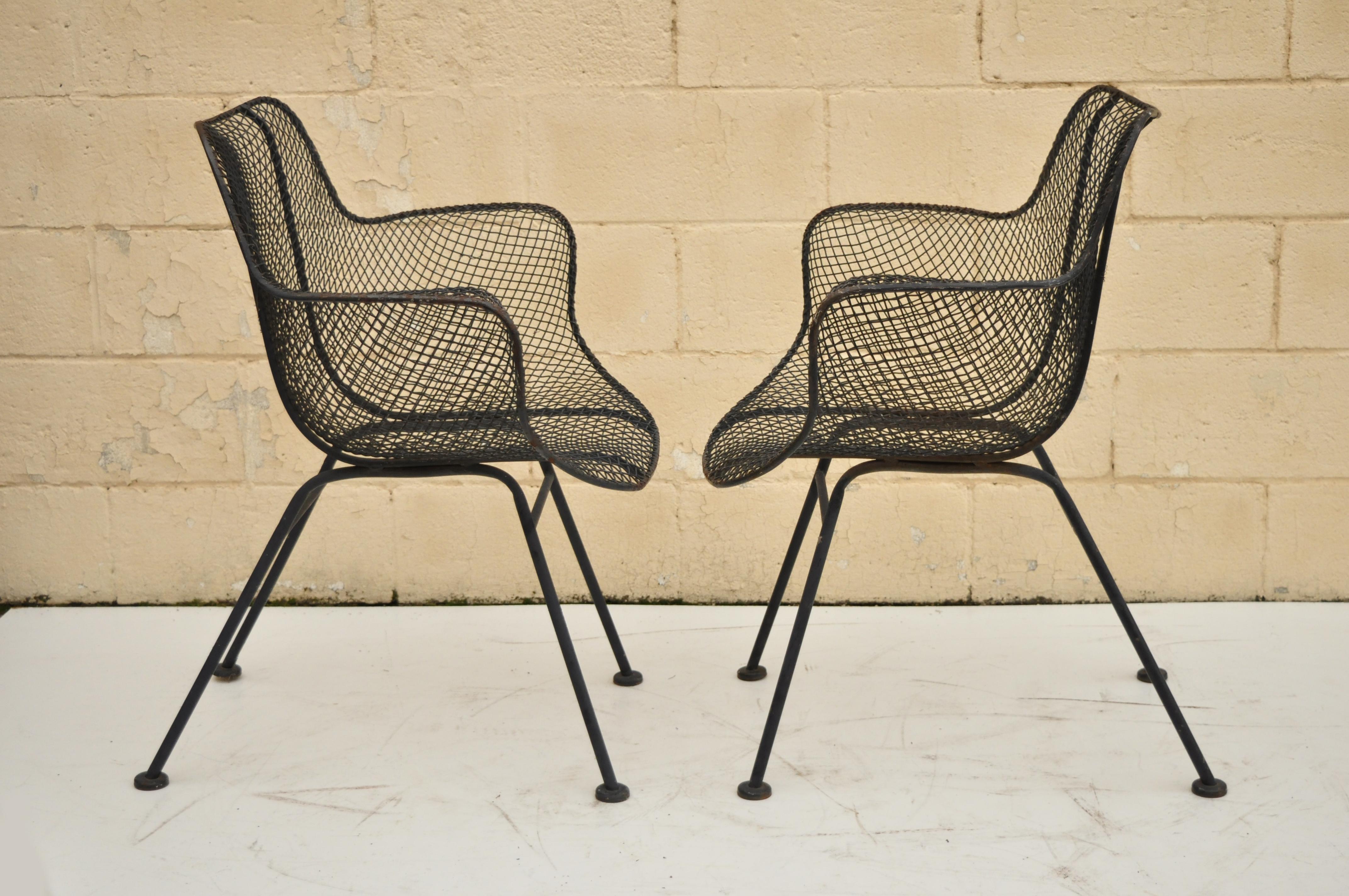 American Pair of Russell Woodard Sculptura Metal Mesh Wrought Iron Dining Side Chairs
