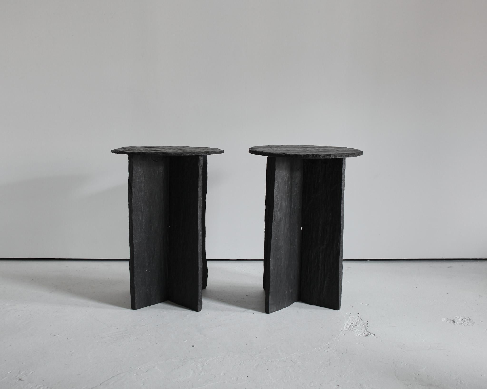 A pair of primitive riven slate occasional tables from the Angers region of France.

Simple interlocking bases.

Able to be fully dismantled.

Sold separately.