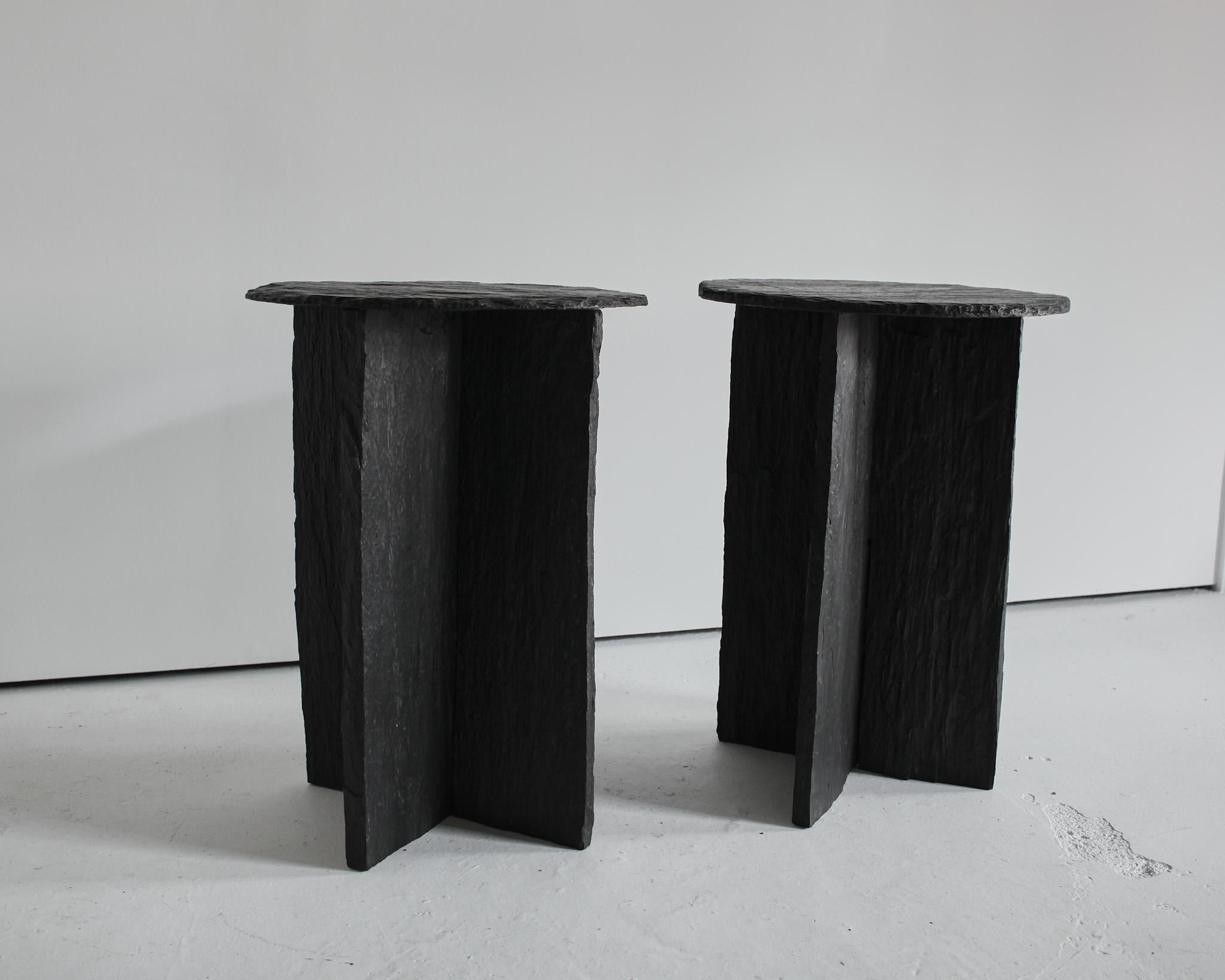 Pair of Wabi Sabi Blackened Primitive Riven Slate Tables In Good Condition For Sale In London, GB