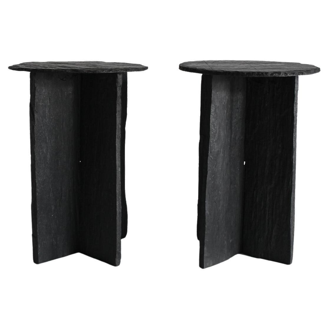 Pair of Wabi Sabi Blackened Primitive Riven Slate Tables For Sale