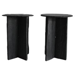 Pair of Wabi Sabi Blackened Primitive Riven Slate Tables