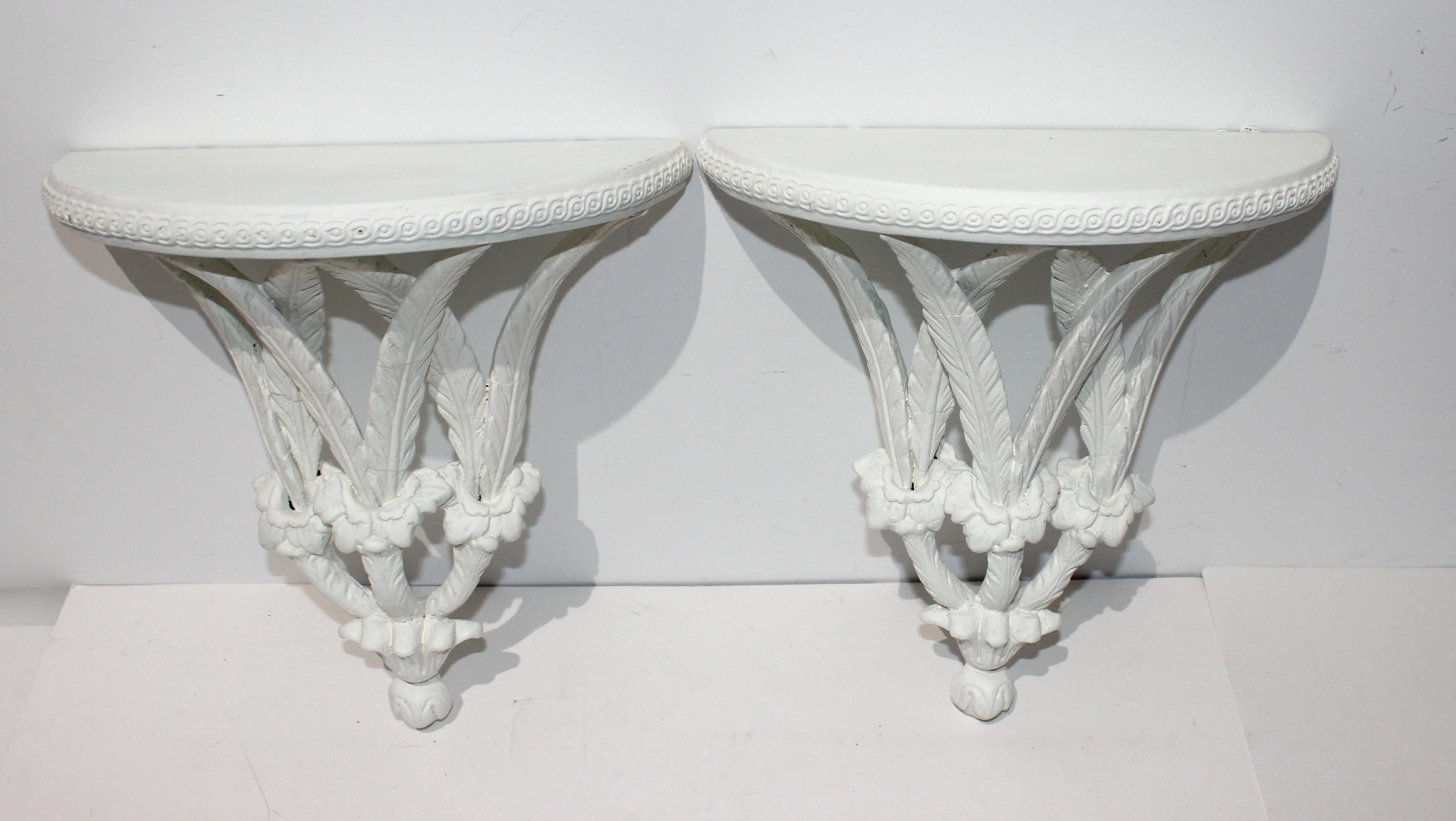Hollywood Regency Pair of Wall Brackets Stylized Feathers Painted White