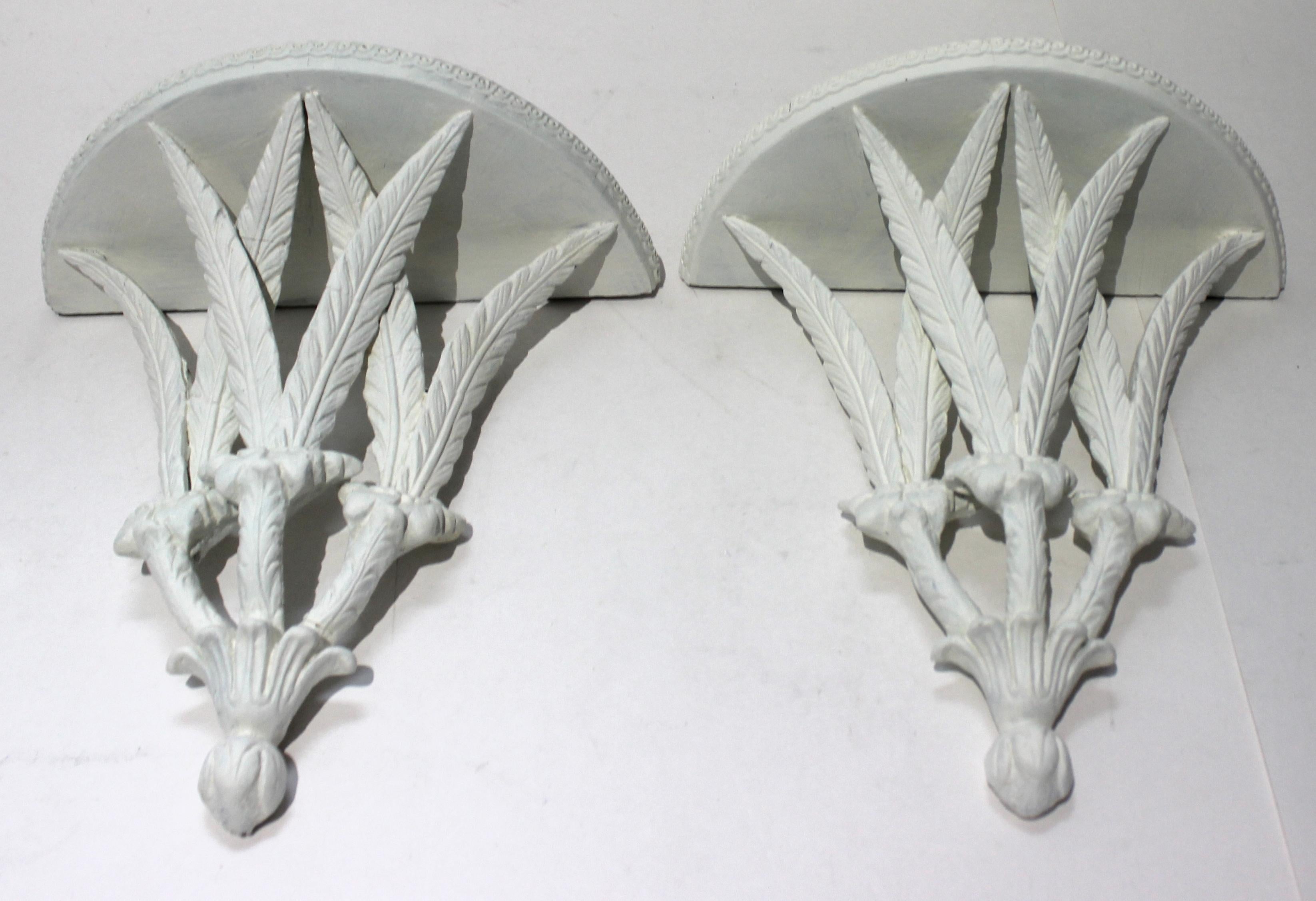 Hand-Painted Pair of Wall Brackets Stylized Feathers Painted White