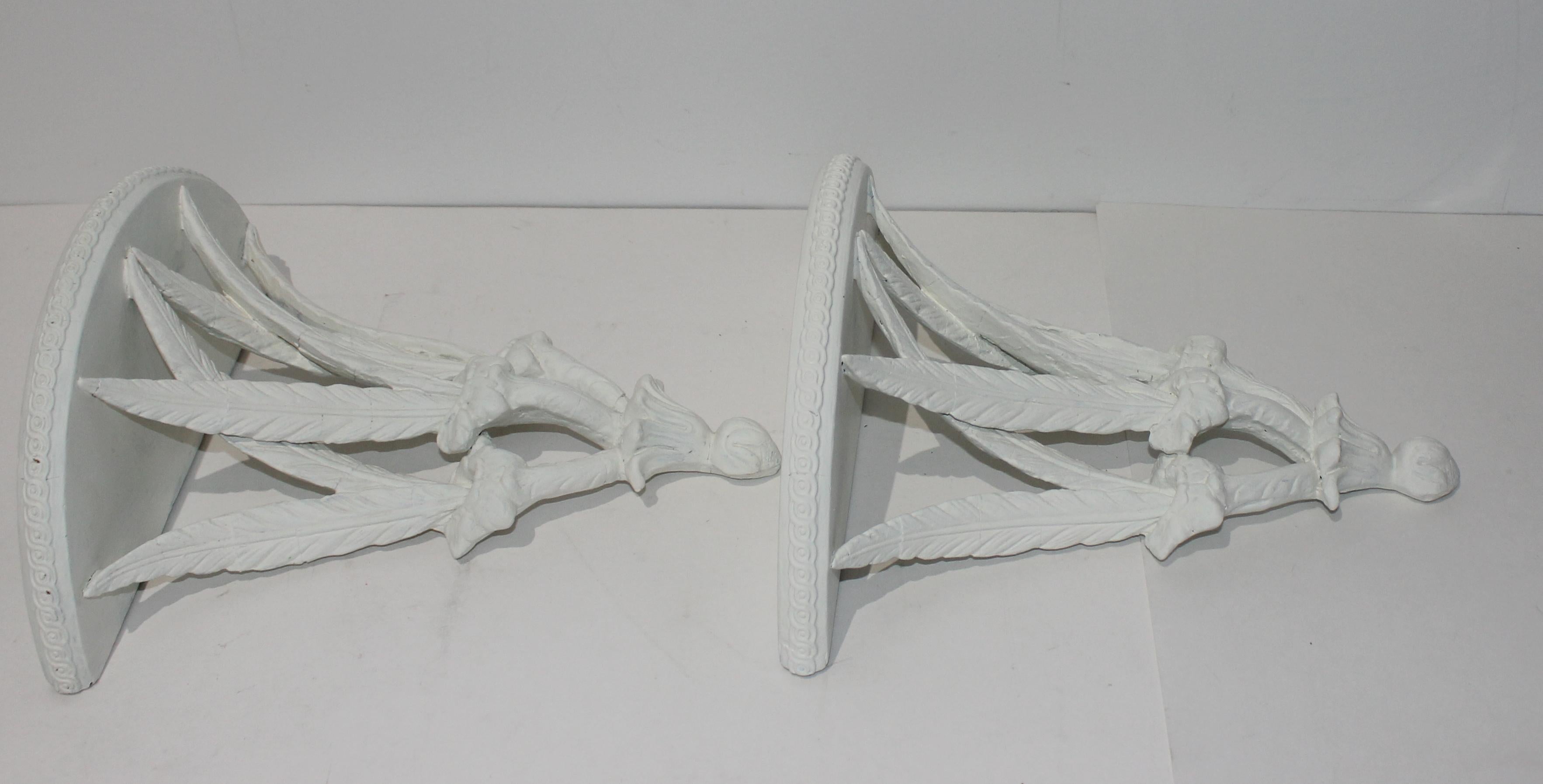 Pair of Wall Brackets Stylized Feathers Painted White In Good Condition In West Palm Beach, FL
