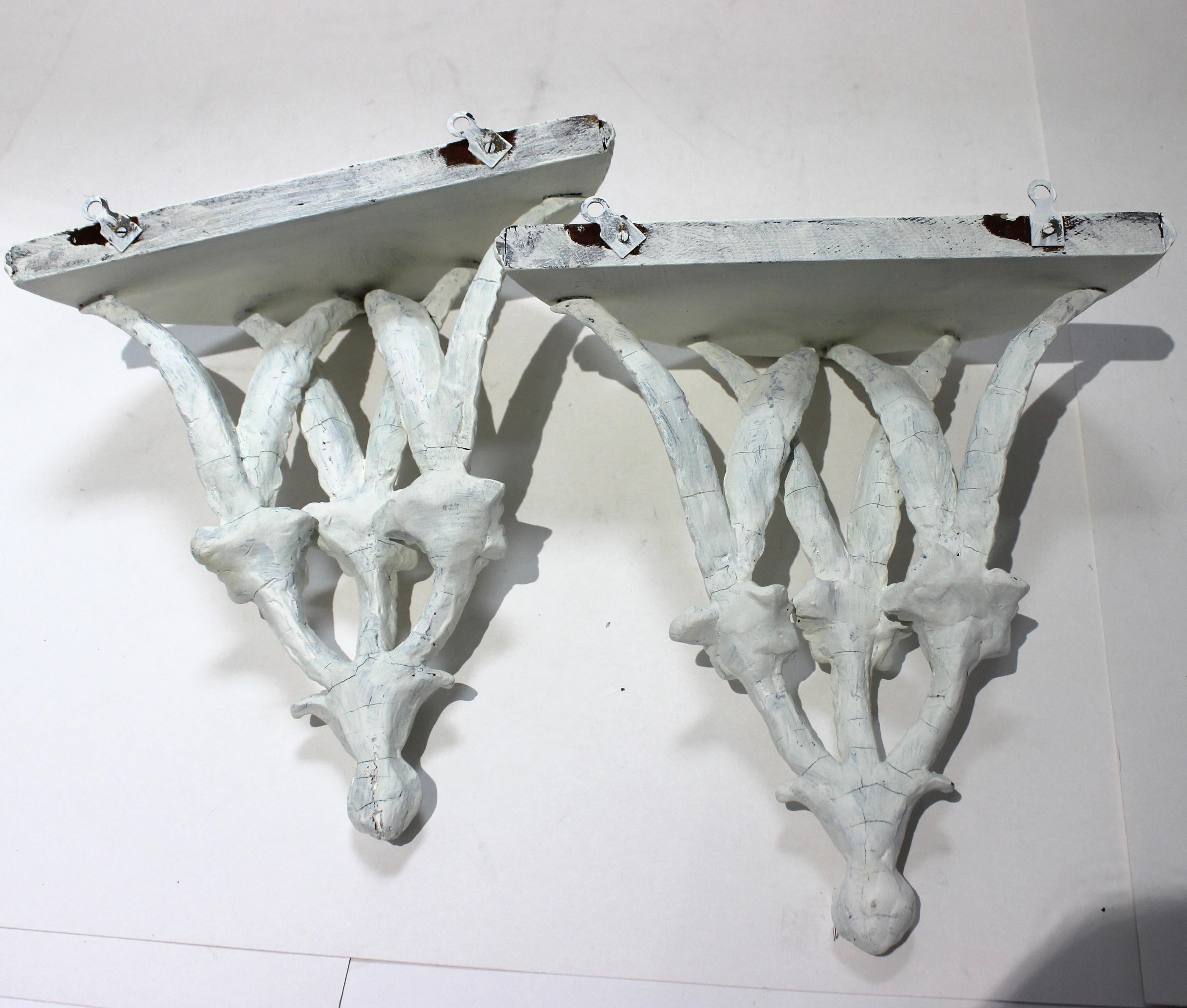 Wool Pair of Wall Brackets Stylized Feathers Painted White