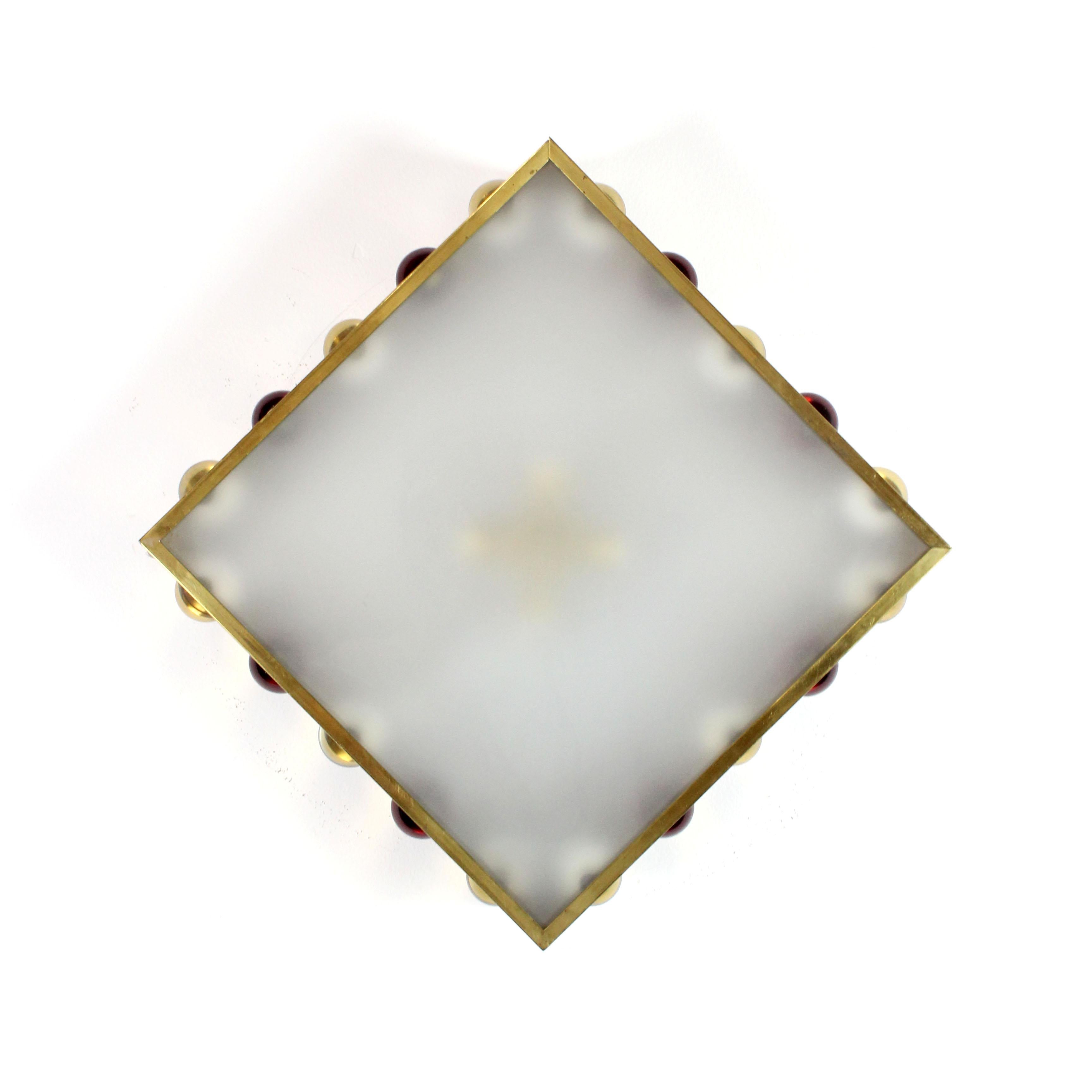 Pair of wall/ceiling lights with gilt brass frames and amber and clear glass accessories - Spain - c. 1970