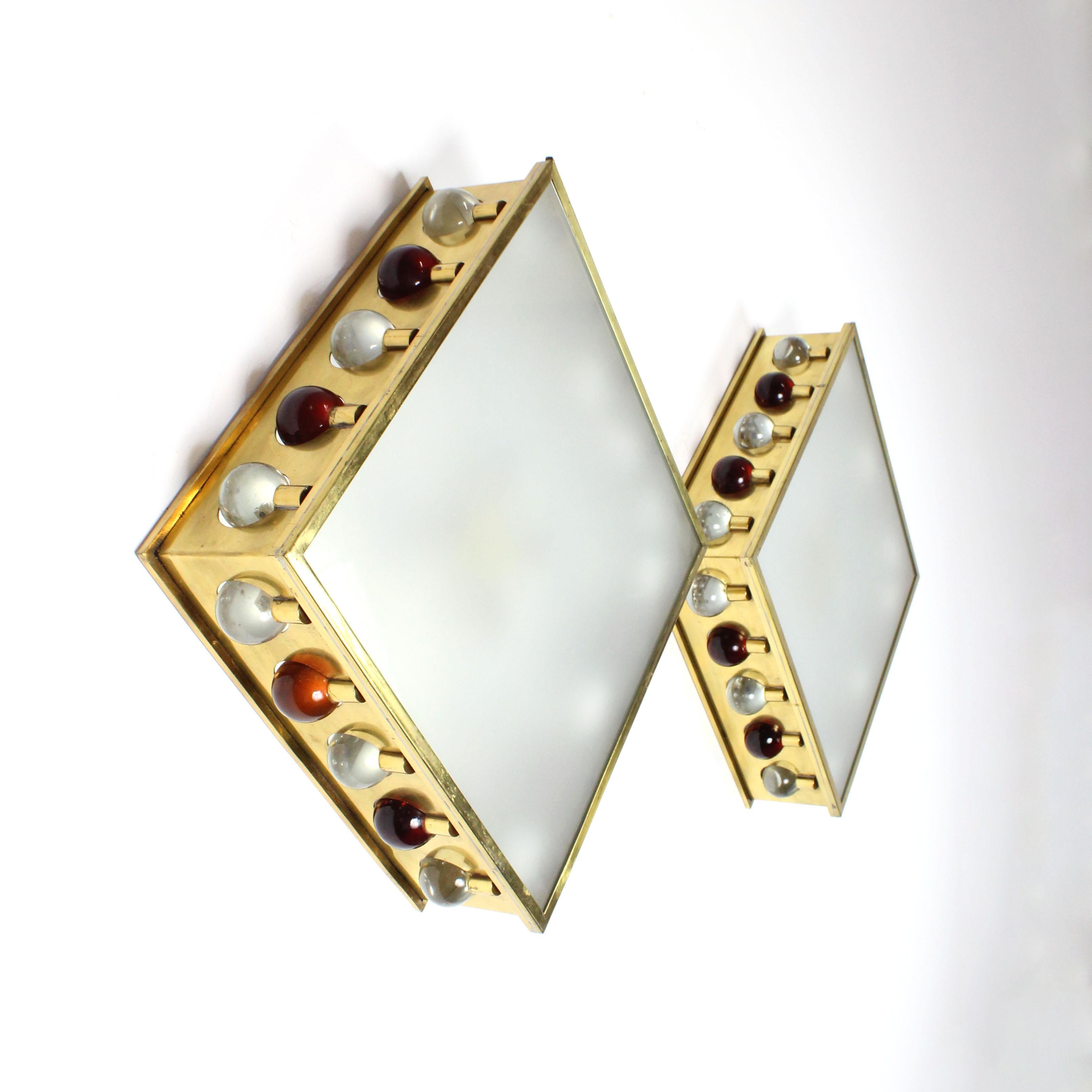 Late 20th Century Pair of wall/ceiling lights with gilt brass frames and amber and clear glass For Sale
