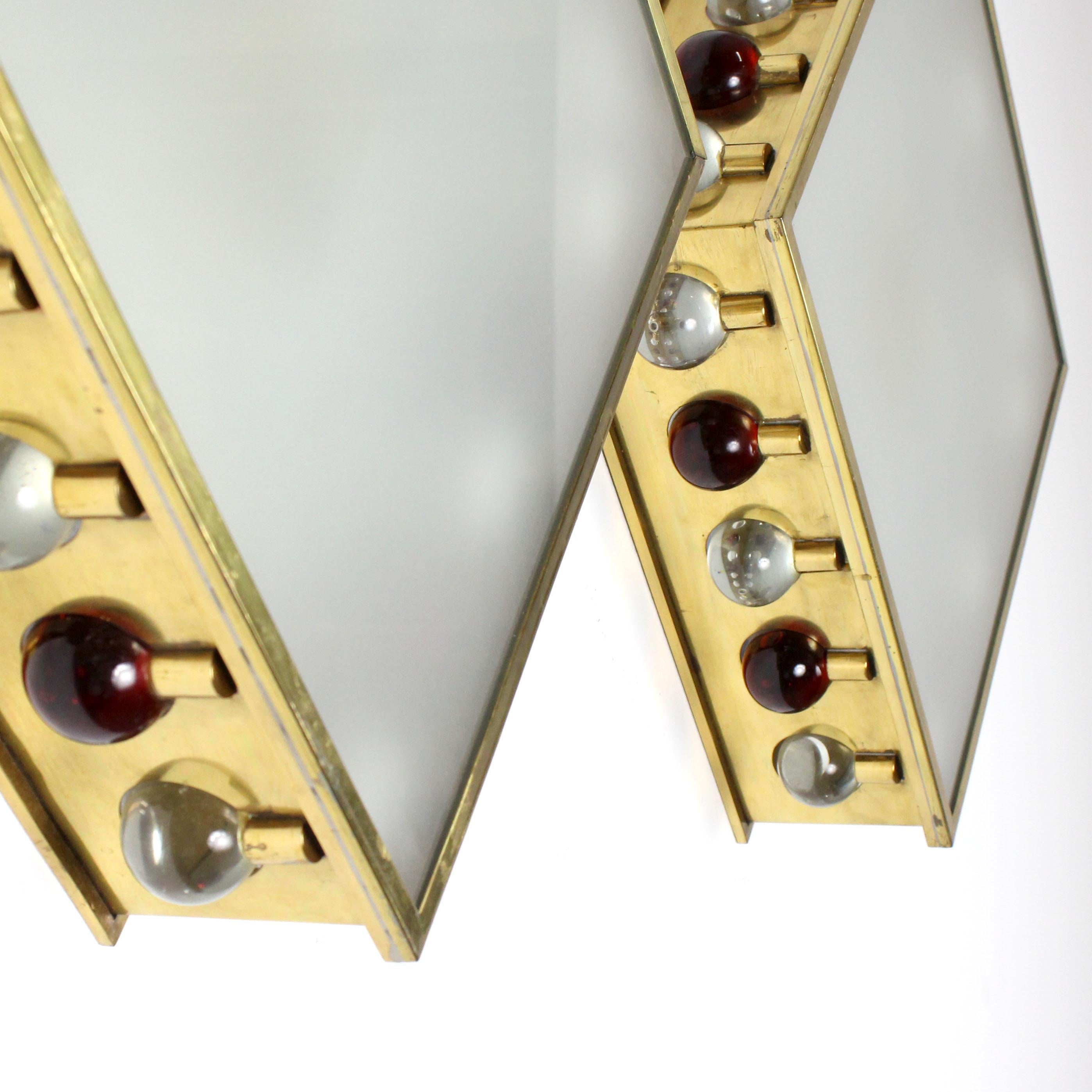Brass Pair of wall/ceiling lights with gilt brass frames and amber and clear glass For Sale