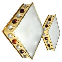 Pair of wall/ceiling lights with gilt brass frames and amber and clear glass