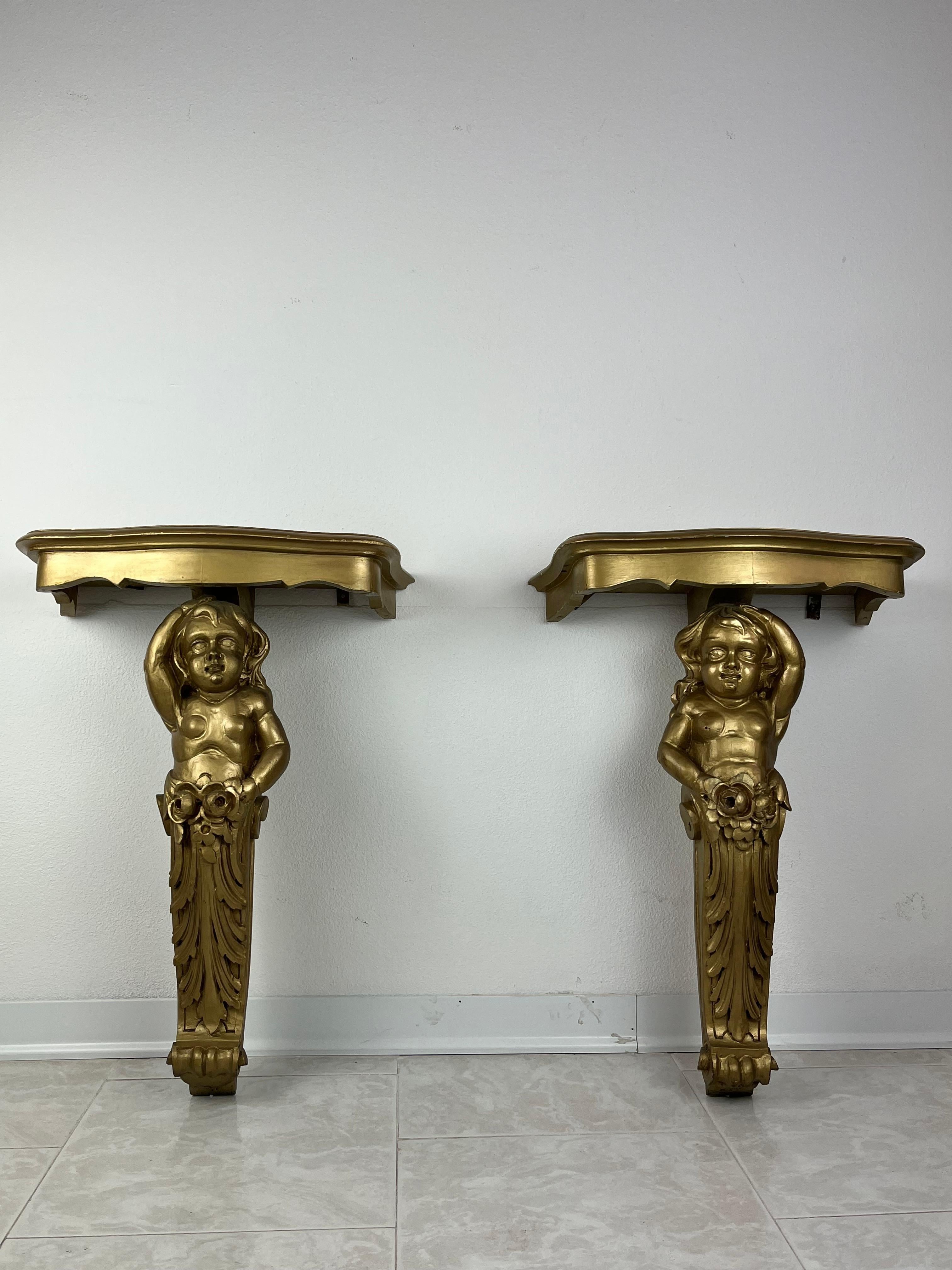 Other Pair of Wall Consoles in Gilded Wood, Italy, 1940s For Sale