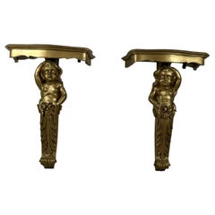 Set of 2 Mid-Century Gilded Wood Wall Consoles, 1940s