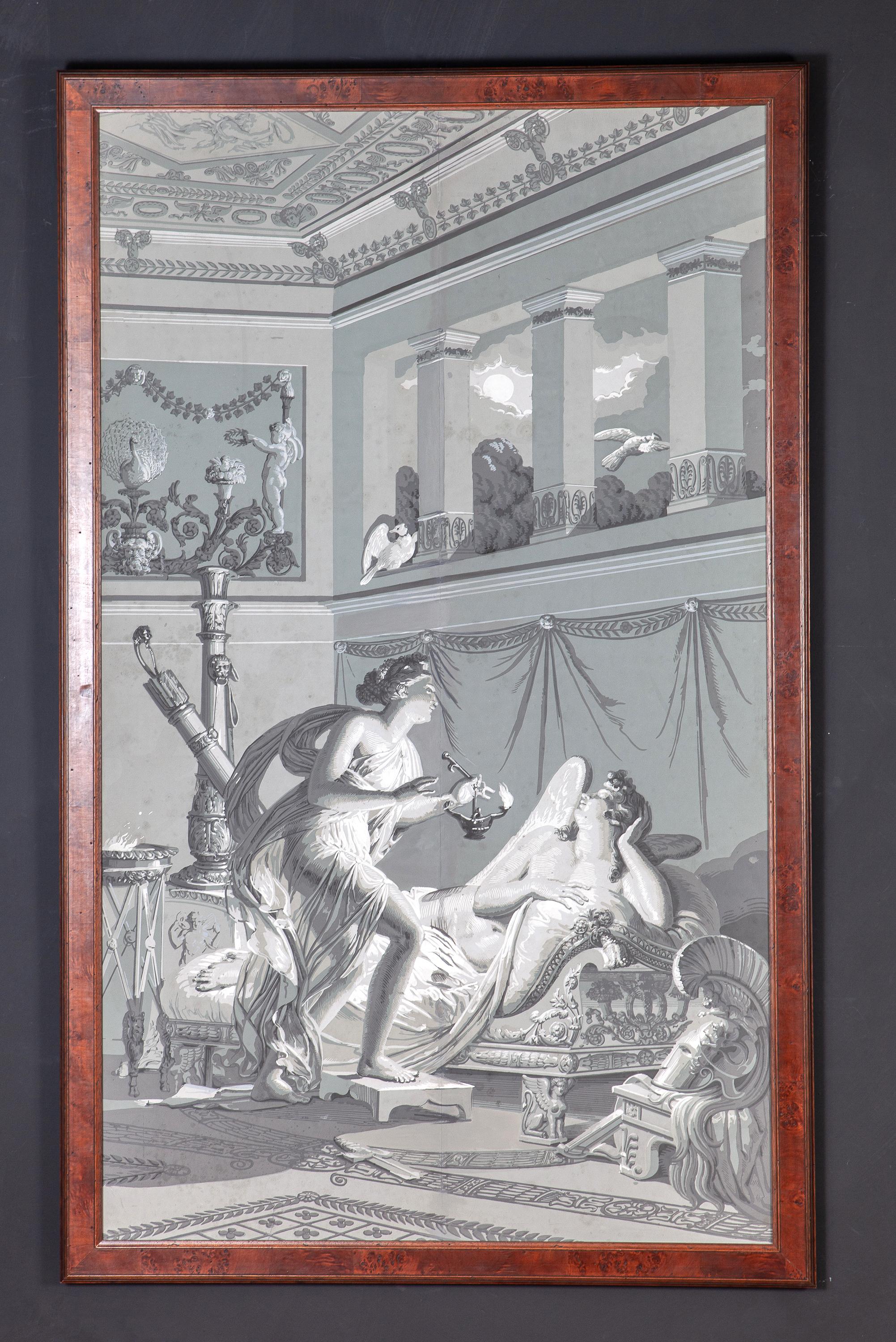 A fine pair of Papiers peints 'En Grisaille' from the psyche´ series manufactured by Dufour, Paris, after designs by Merry-Joseph Blondel and Louis Lafitte.
-'Psyche´ about to stab the sleeping cupid.'
-'Psyche´ returning from hades.