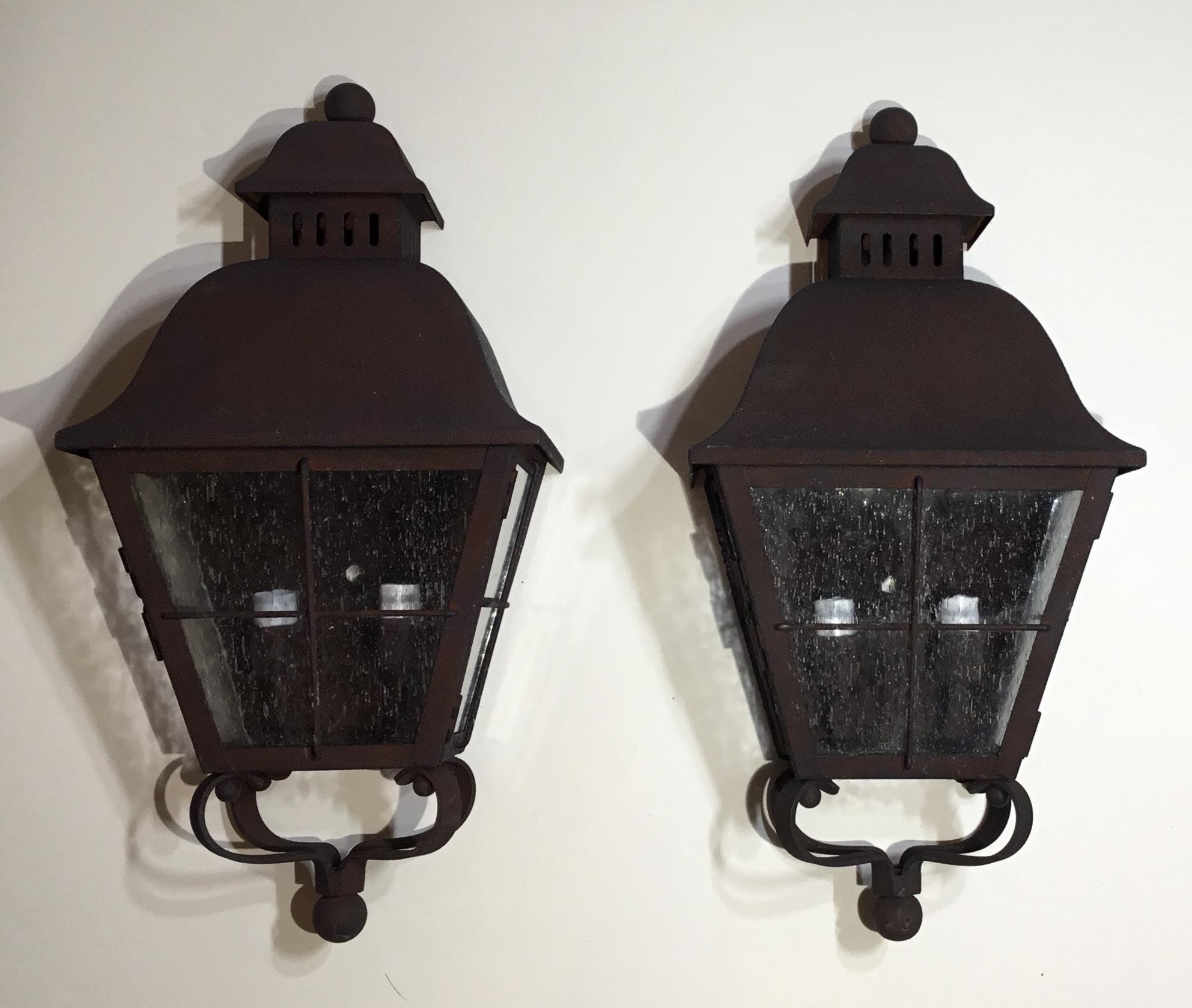 Pair of Wall Hanging Brass Lantern In Good Condition In Delray Beach, FL