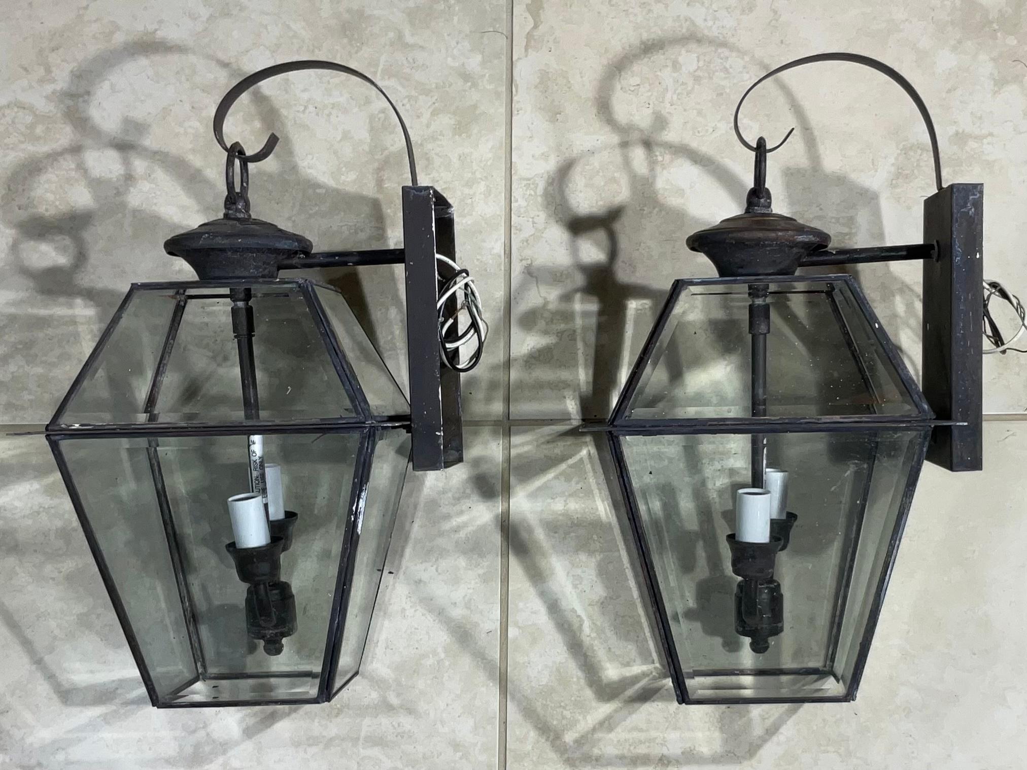 American Pair of Wall Hanging Brass Lantern For Sale