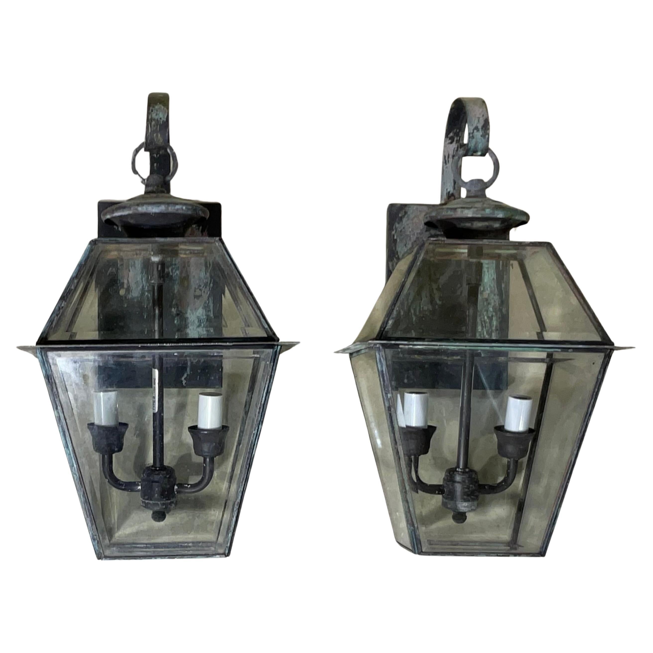 Pair of Wall Hanging Brass Lantern For Sale