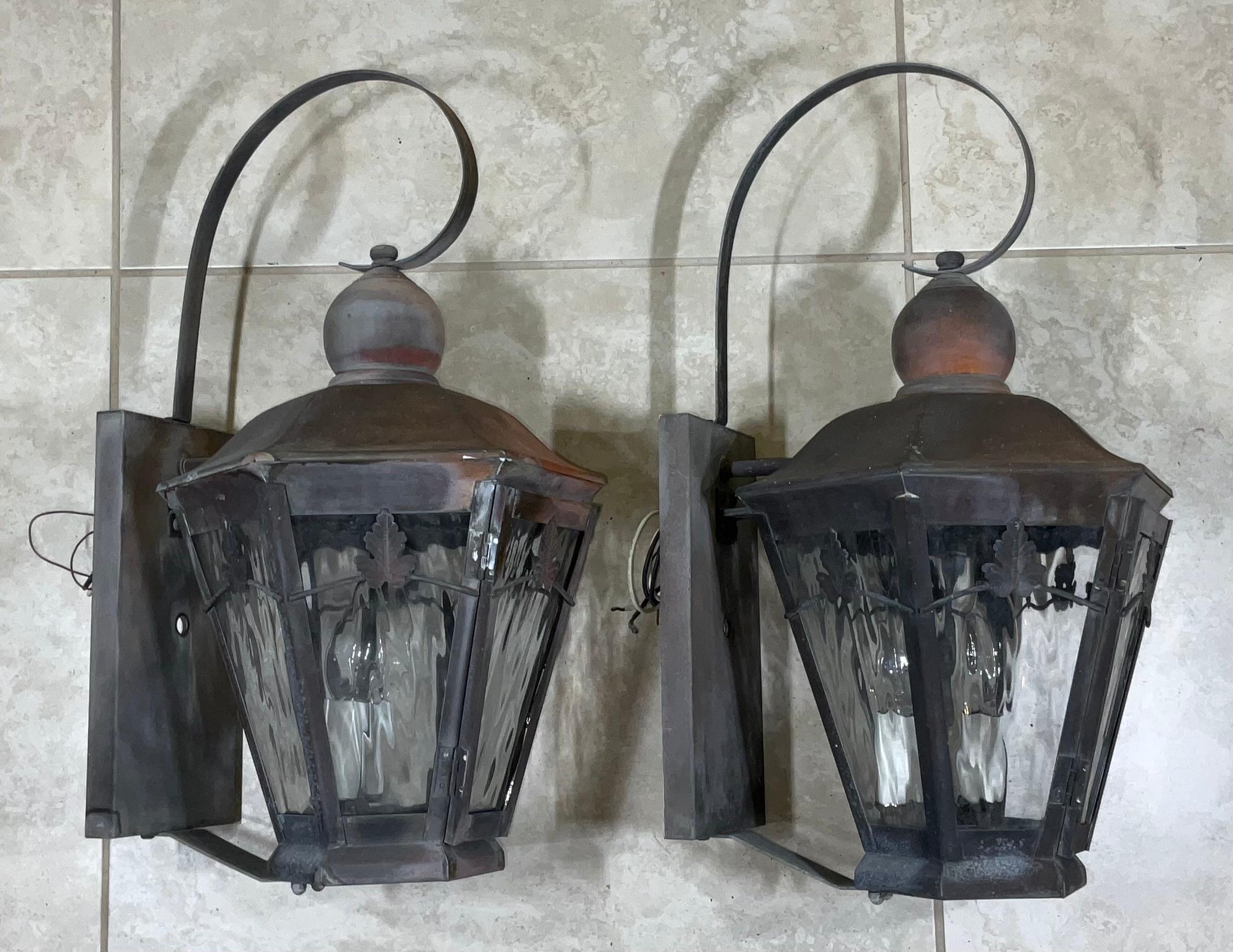 Pair of Wall Hanging Copper Lantern In Good Condition In Delray Beach, FL