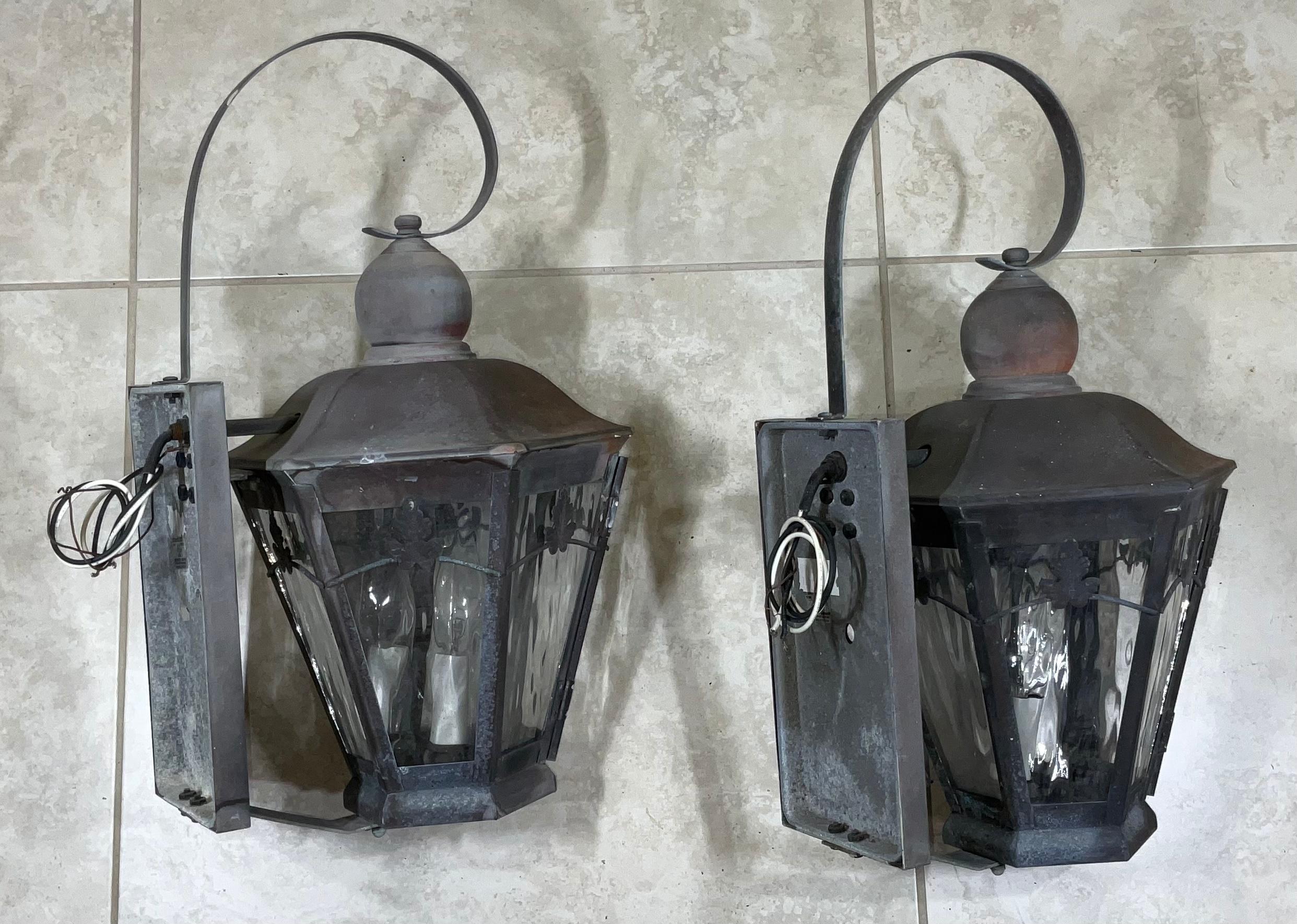 Late 20th Century Pair of Wall Hanging Copper Lantern