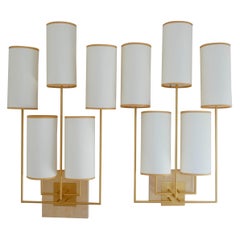 Pair of Wall Lamp Sconce in Gold Patina and White Fabric  Lamp Shades