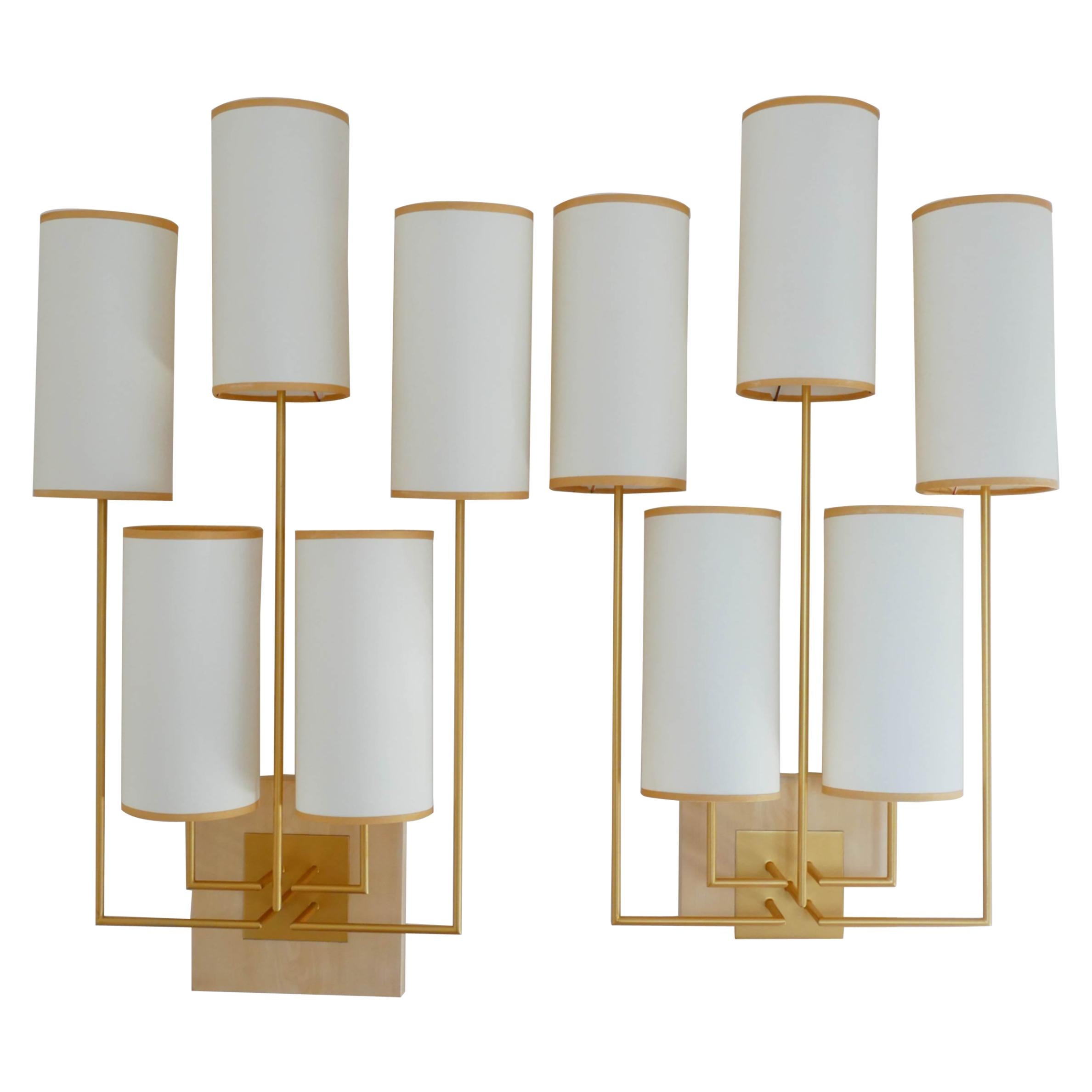 Pair of Wall Lamp Sconce in Gold Patina and White Fabric Lamp Shades For Sale