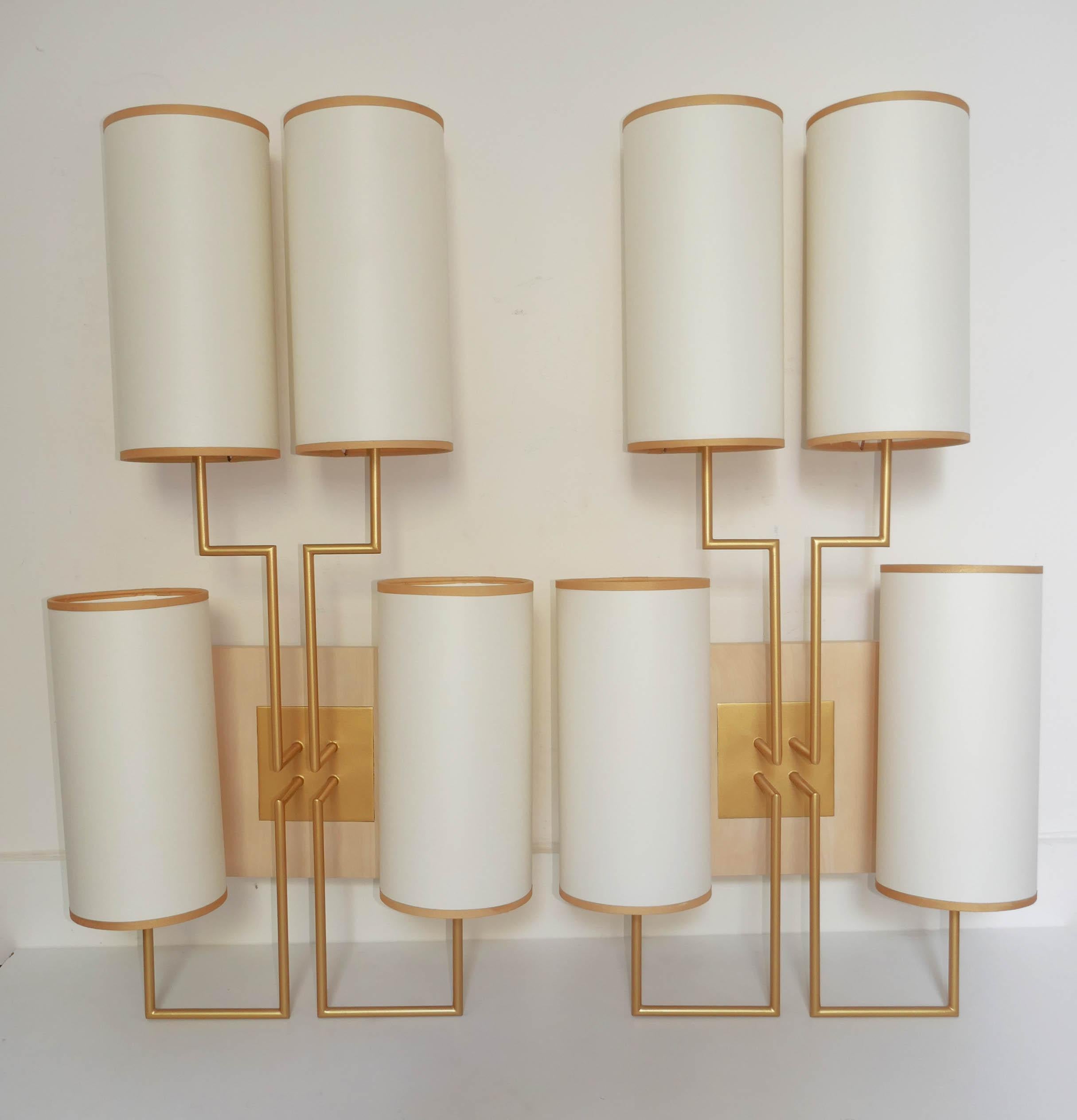 Pair of Wall Lamp Sconce in Gold Patina and White Lamp Shades For Sale 1