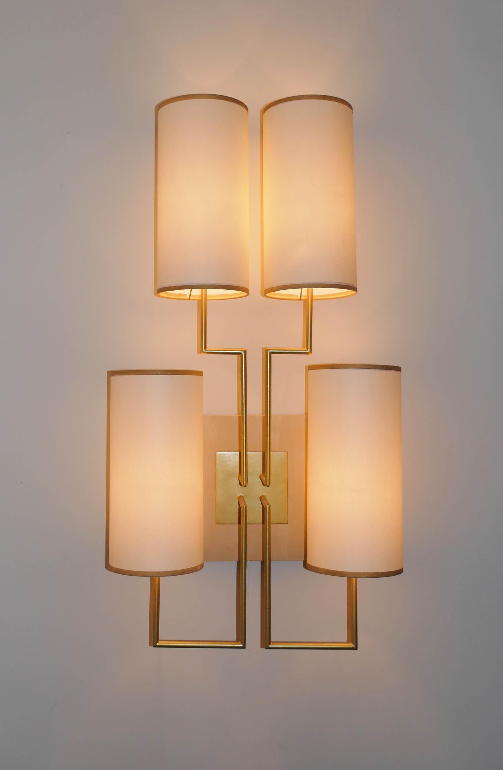 Modern Pair of Wall Lamp Sconce in Gold Patina and White Lamp Shades For Sale