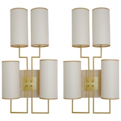 Pair of Wall Lamp Sconce in Gold Patina and White Lamp Shades