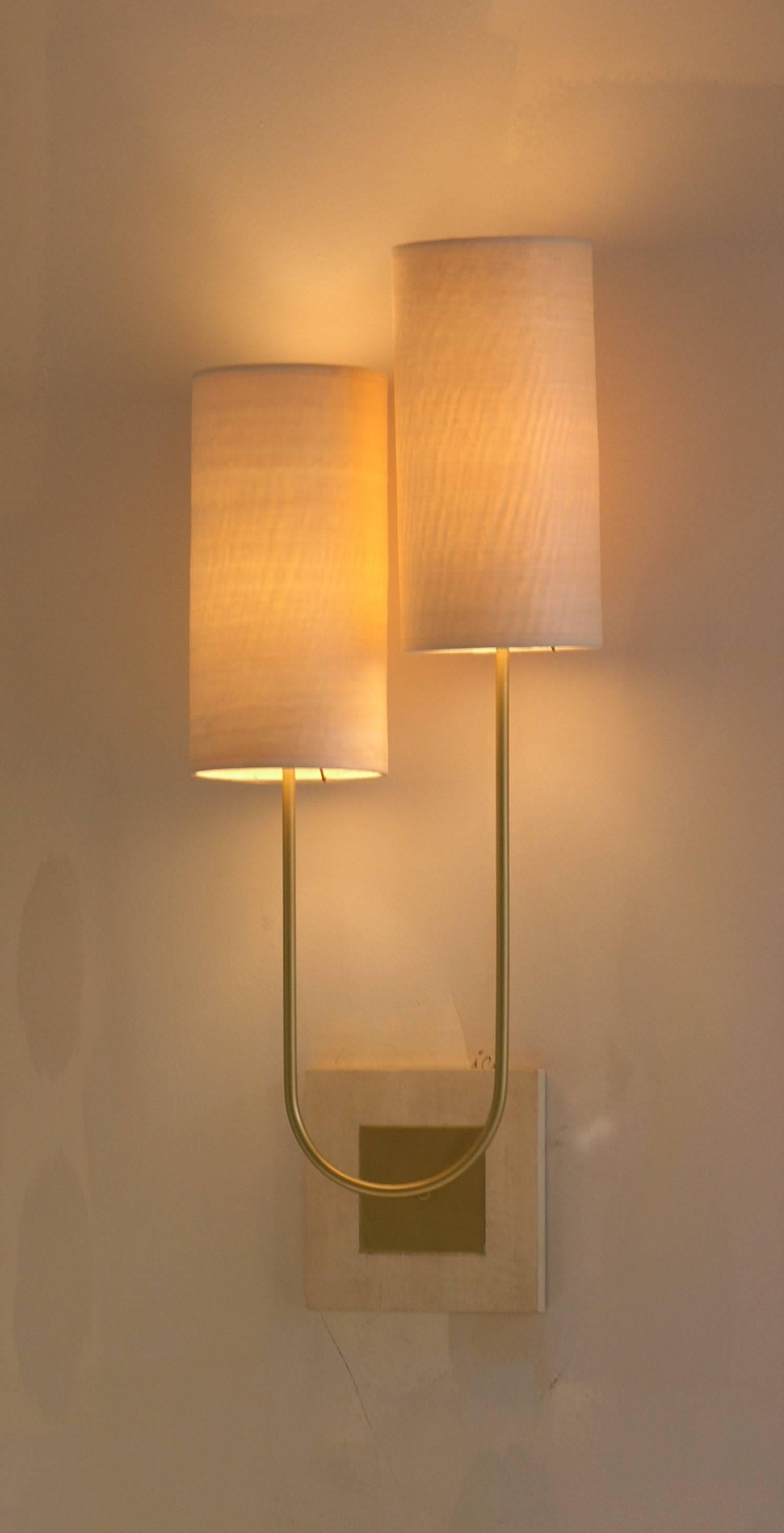 Pair of wall lamp sconce “sano” left and right gold bronze patina and tow wooden sconce by Aymeric Lefort made to order.
   