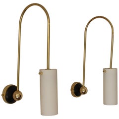 Pair of Wall Lamp with Arched Brass Arm and White Glass Shade