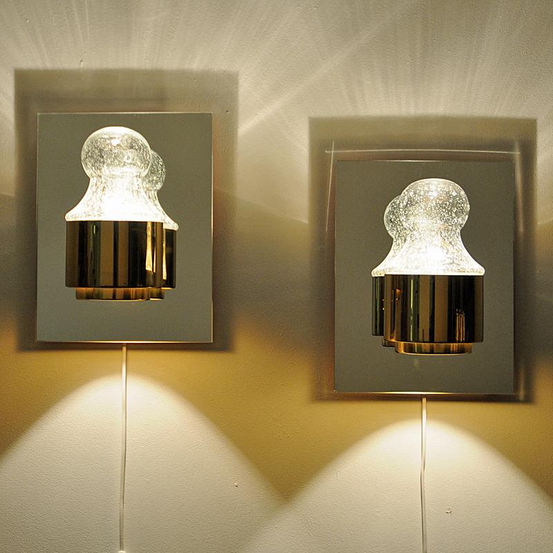 Scandinavian Modern Pair of Wall Lamps Brass and Glass 1970s by Kjell Munch, Høvik Lys, Norway