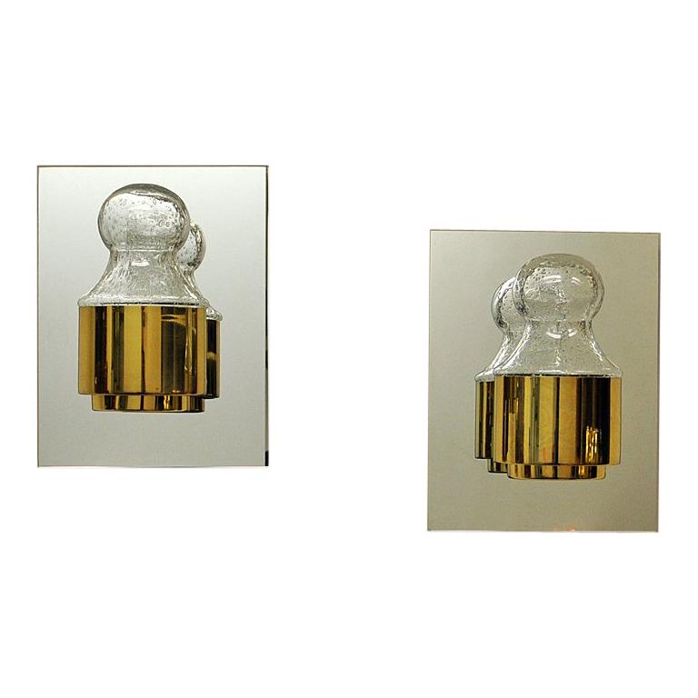 Pair of Wall Lamps Brass and Glass 1970s by Kjell Munch, Høvik Lys, Norway