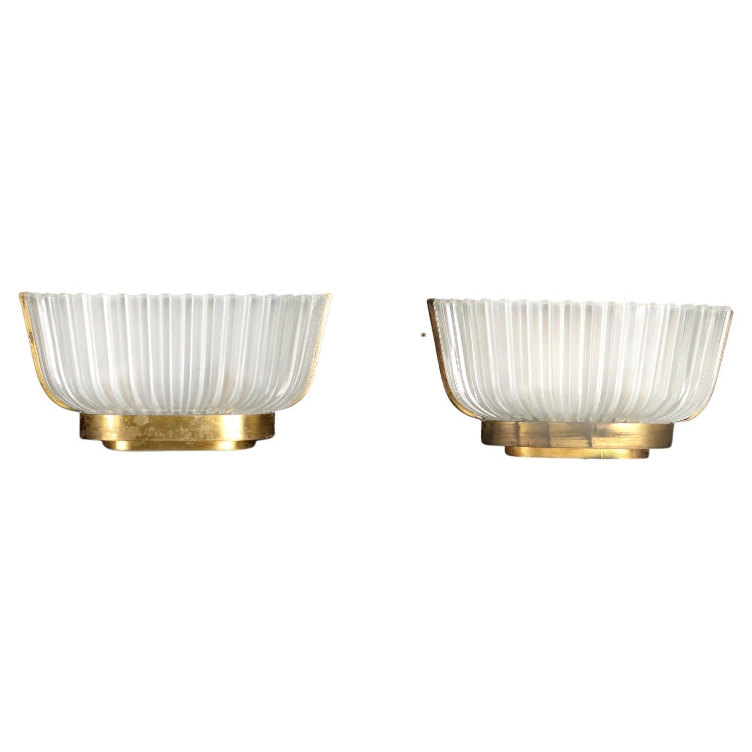 Pair of Wall Lamps Brass Glass, Italy, 1940s