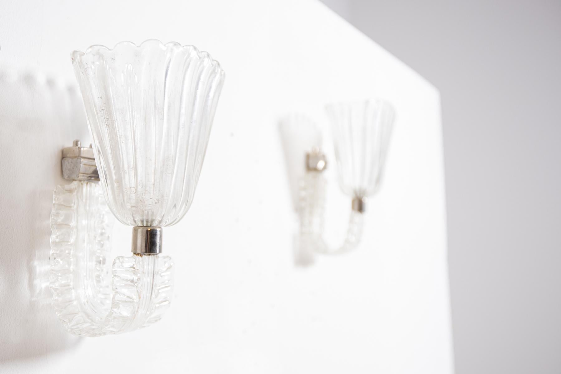 Mid-Century Modern Pair of Wall Lamps by Barovier & Toso in Murano Glass, 1950s