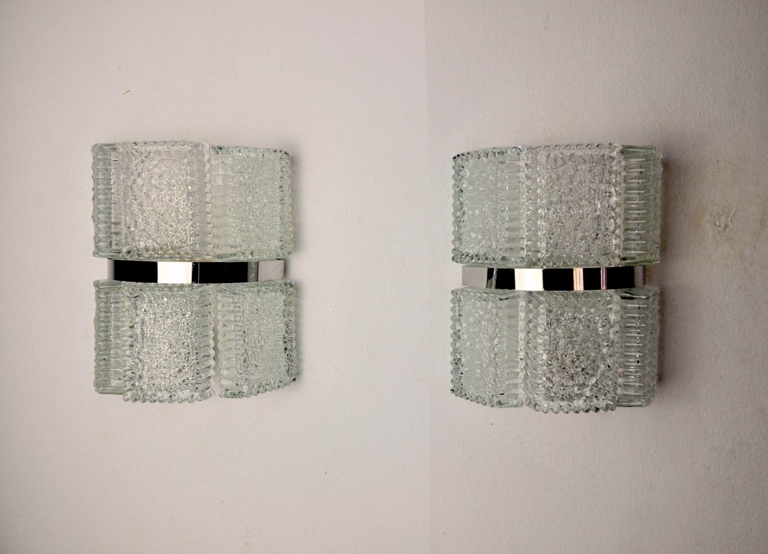 Hollywood Regency Pair of Wall Lamps by Kaiser Leuchten, Frosted Glass, Germany, circa 1960 For Sale