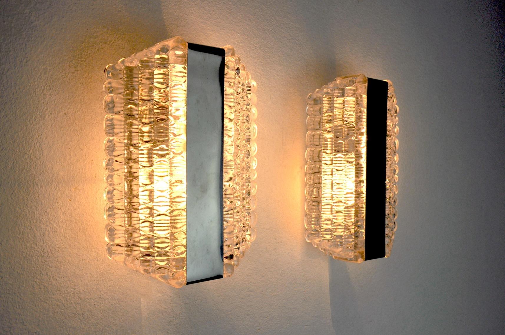 Mid-20th Century Pair of Wall Lamps by Kaiser Leuchten, Frosted Glass, Germany, 1960 For Sale