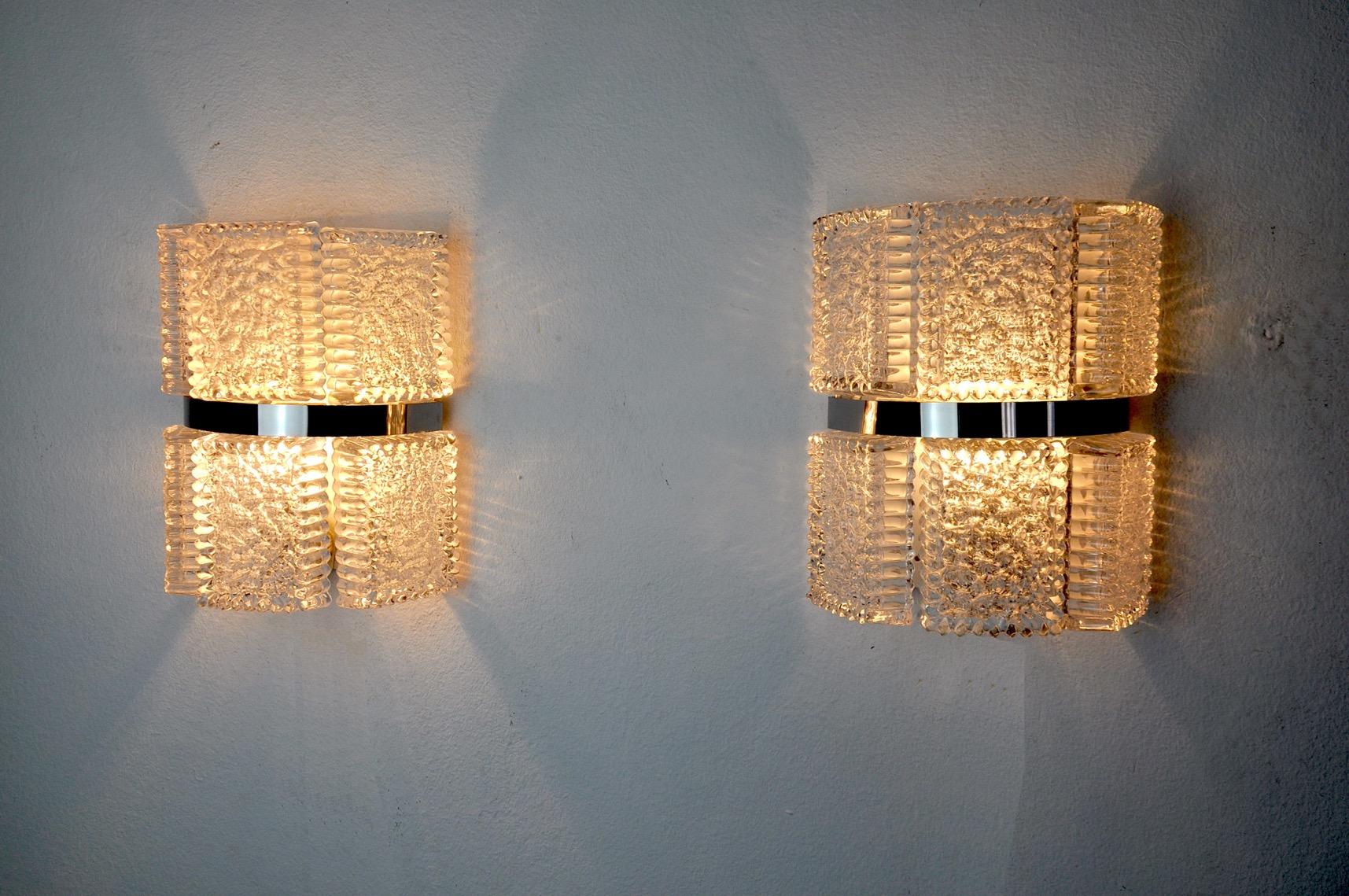 Crystal Pair of Wall Lamps by Kaiser Leuchten, Frosted Glass, Germany, circa 1960 For Sale