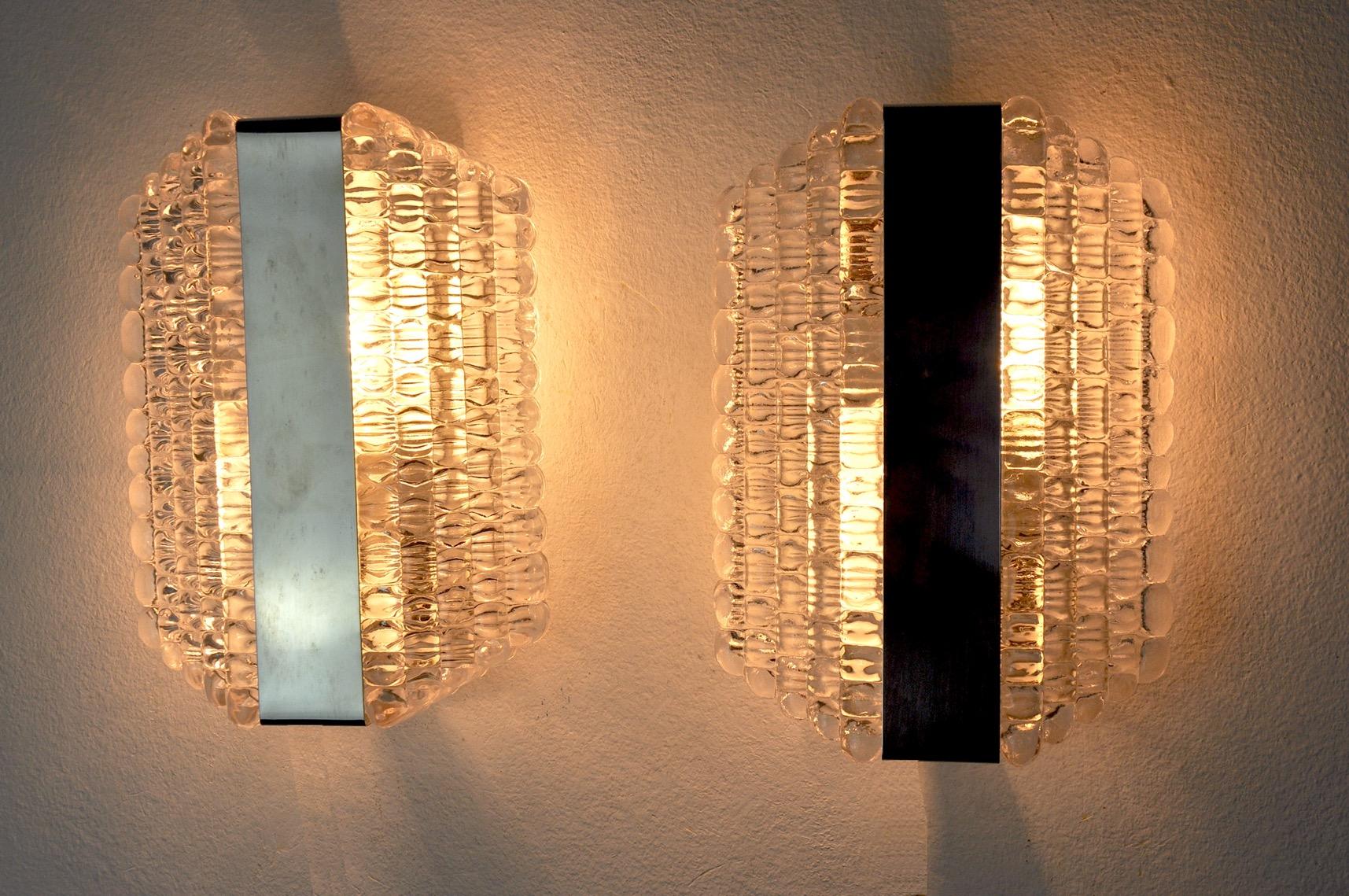 Crystal Pair of Wall Lamps by Kaiser Leuchten, Frosted Glass, Germany, 1960 For Sale