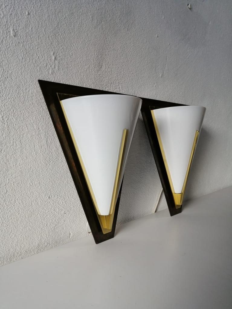 Mid-Century Modern Opaline Glass and Brass Pair of Wall Lamps by Limburg, 1980s For Sale