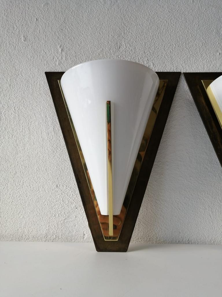 German Opaline Glass and Brass Pair of Wall Lamps by Limburg, 1980s For Sale