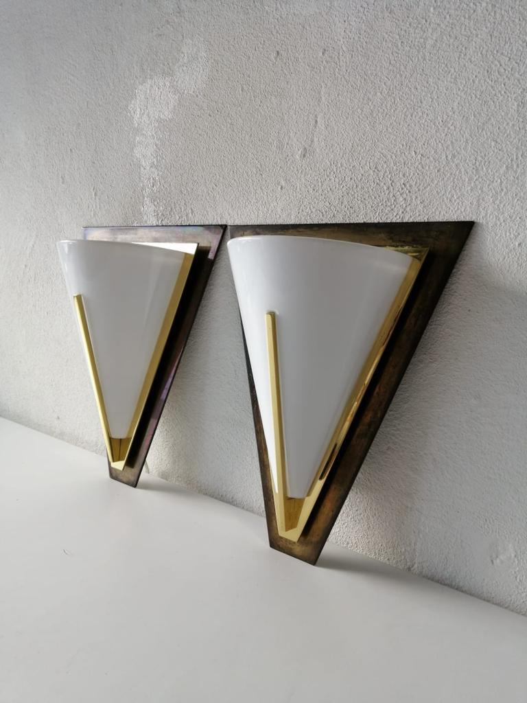 Opaline Glass and Brass Pair of Wall Lamps by Limburg, 1980s In Good Condition For Sale In Hagenbach, DE