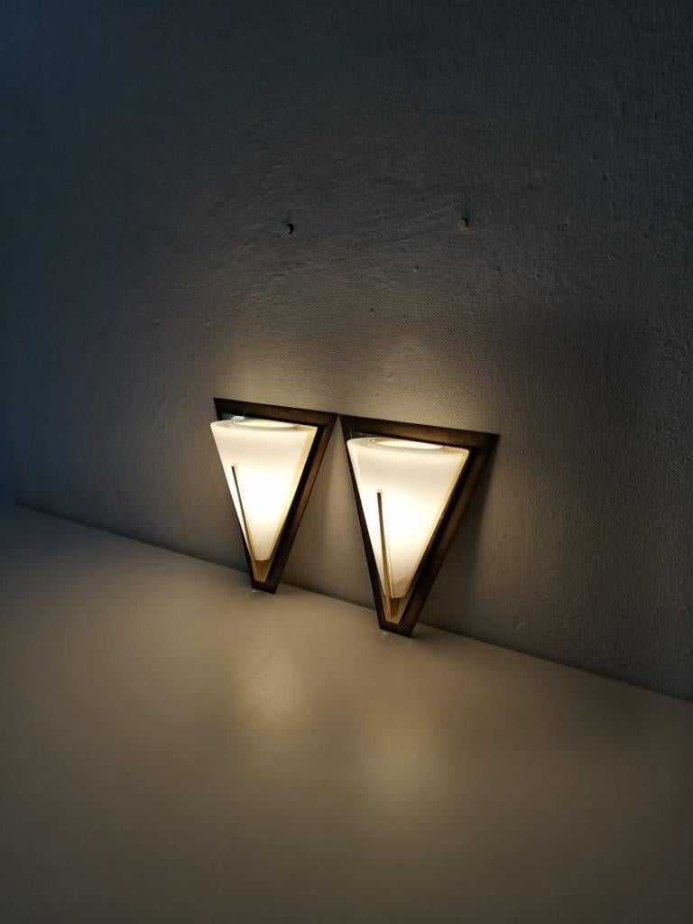 Late 20th Century Opaline Glass and Brass Pair of Wall Lamps by Limburg, 1980s For Sale