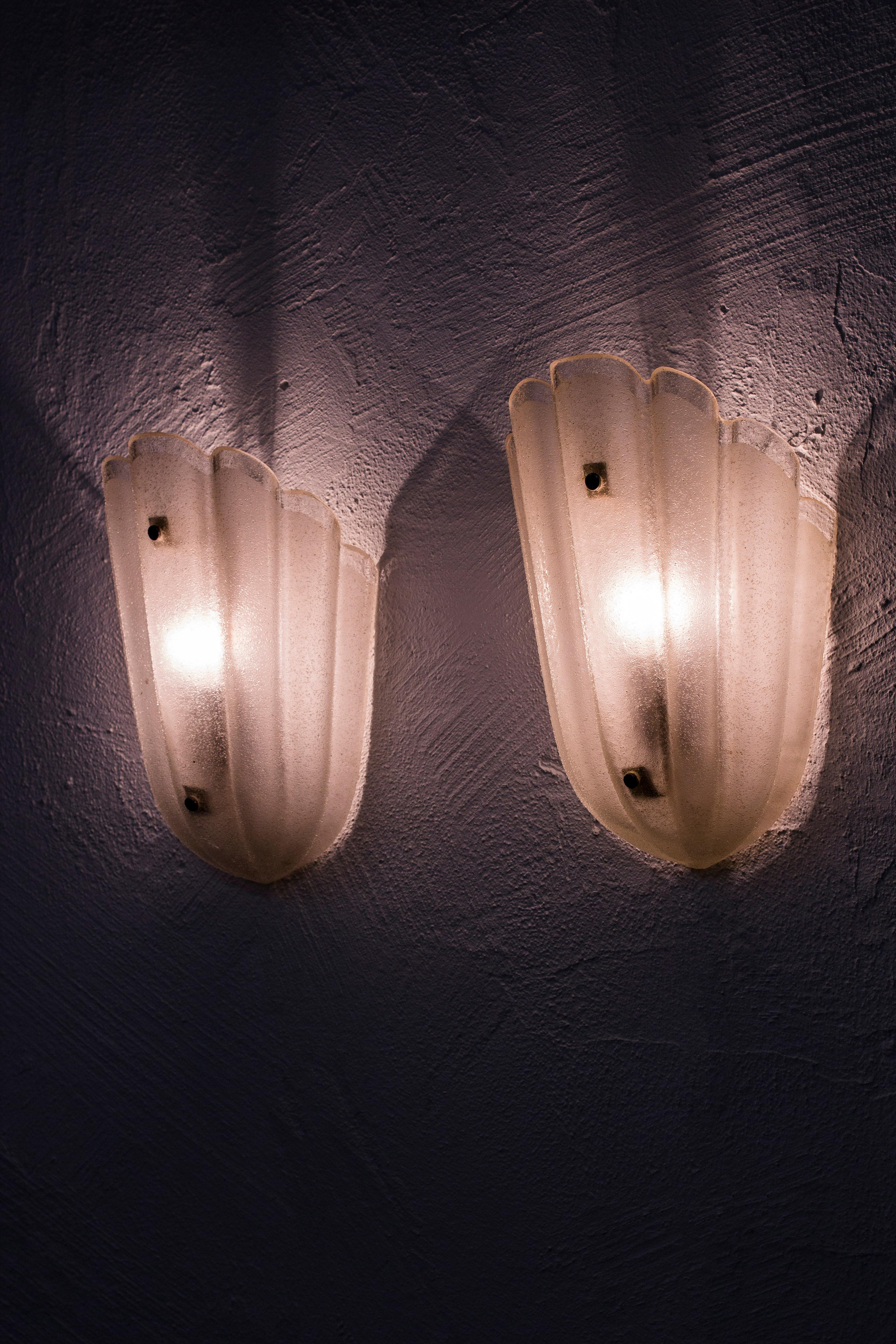 Scandinavian Modern Pair of Wall Lamps by Orrefors, Sweden, 1940s