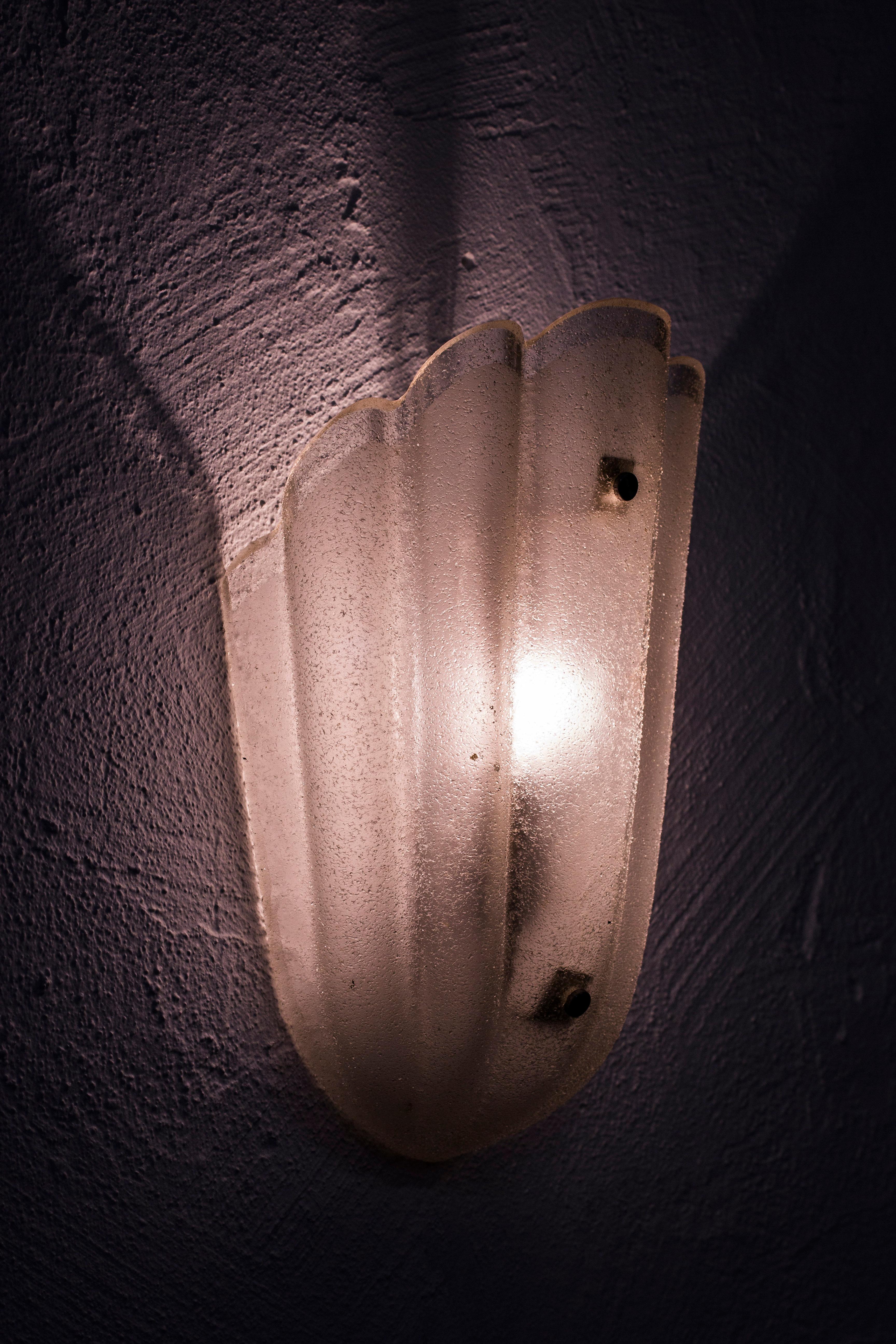 Blown Glass Pair of Wall Lamps by Orrefors, Sweden, 1940s