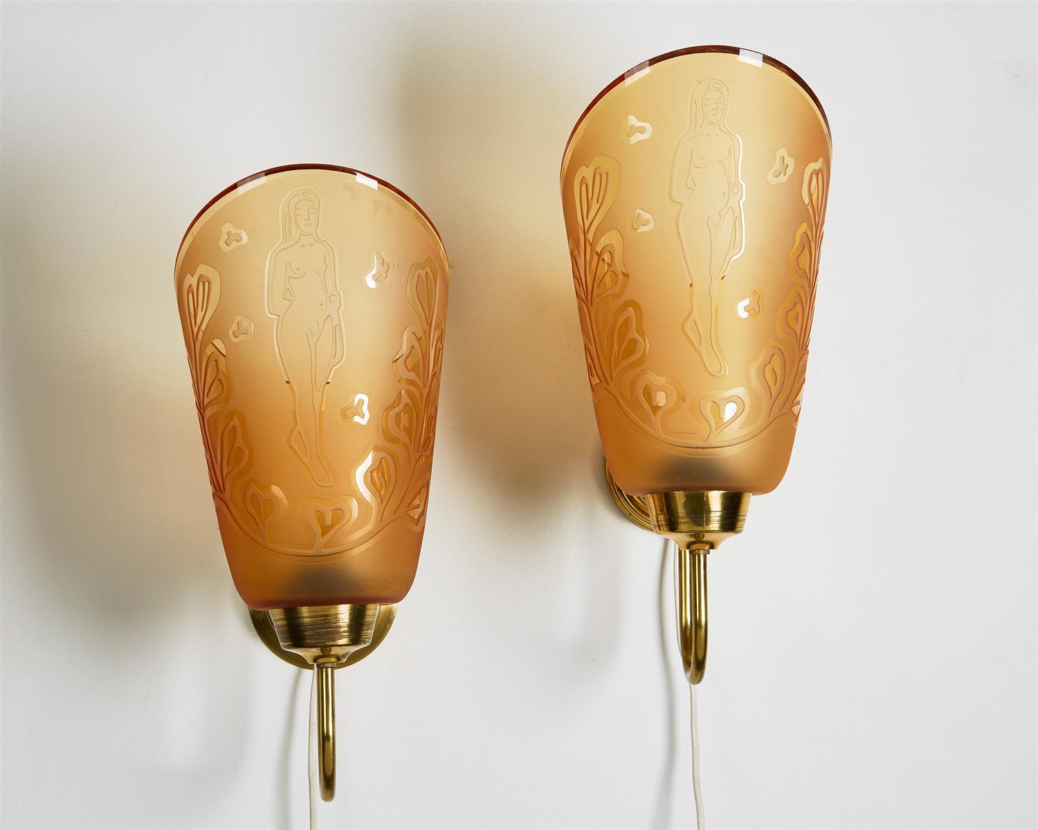 Engraved Pair of Wall Lamps Designed by Bo Notini for Glössner, Sweden, 1940s