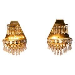 Pair of Wall Lamps Gold Plated, Handcut Bohemian Crystal, Midcentury