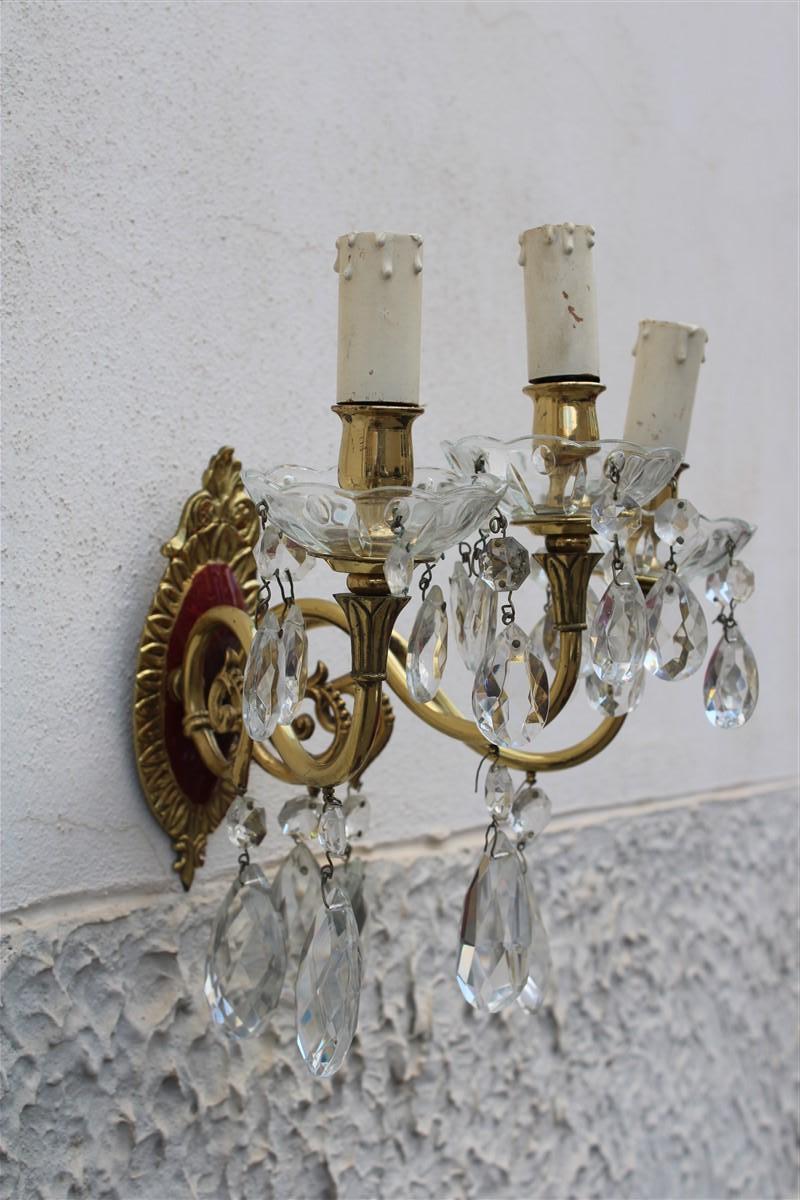 Pair of Wall Lamps in Brass and Mid-Century Italian Crystal Enamels 1950s For Sale 5