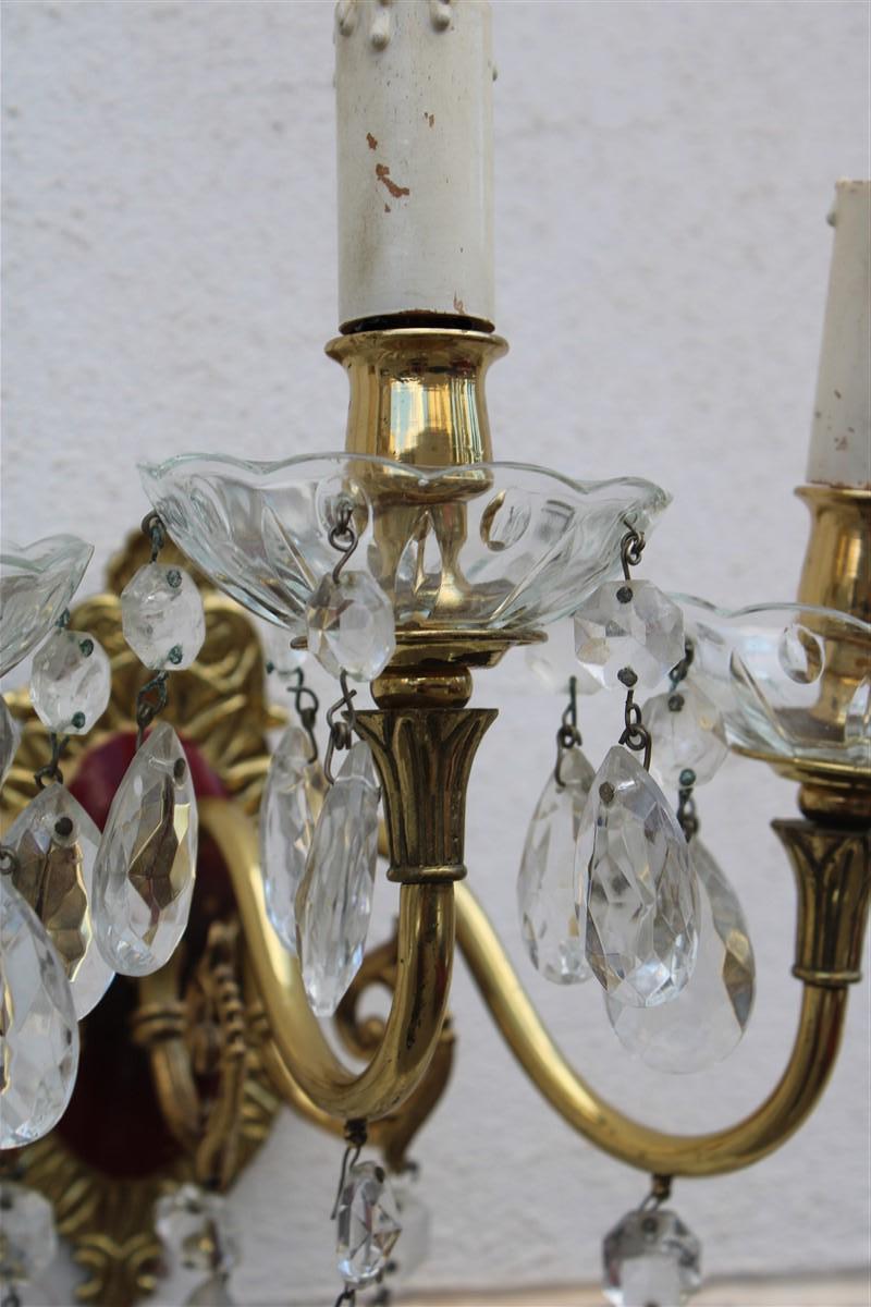 Pair of Wall Lamps in Brass and Mid-Century Italian Crystal Enamels 1950s For Sale 6
